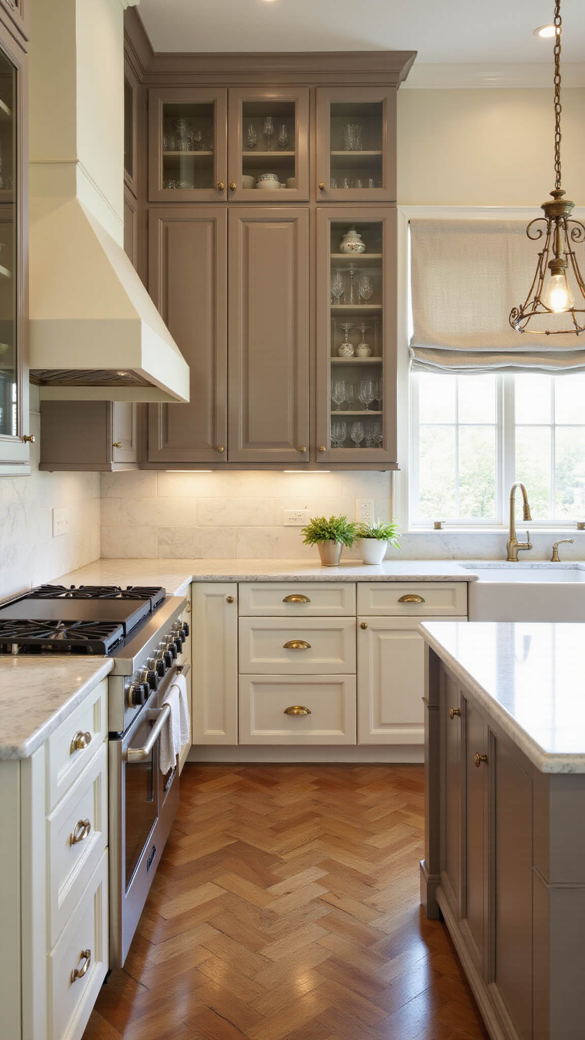 Elegant 12x14ft kitchen with cream and light brown cabinets, marble countertops, brass range hood, glass-front displays, and herringbone hardwood floors in soft morning light.