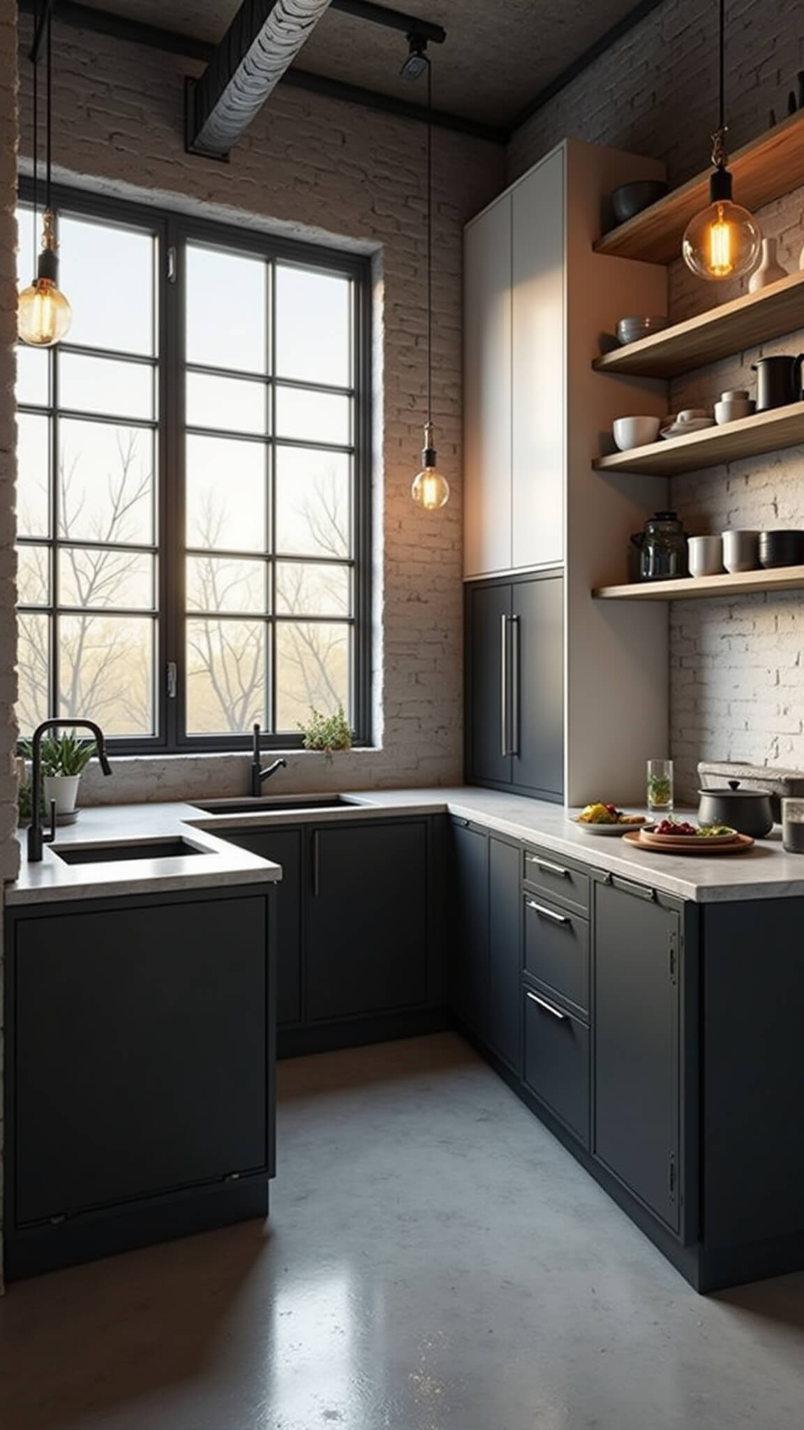 Industrial-style kitchen with black and white cabinets, concrete surfaces, metal shelving, and factory windows lit by afternoon sun.