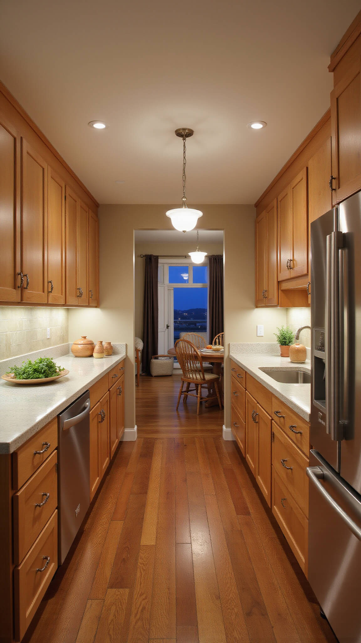 Galley kitchen at twilight with maple Shaker cabinets, stainless steel appliances, quartz countertops, and warm LED lighting.