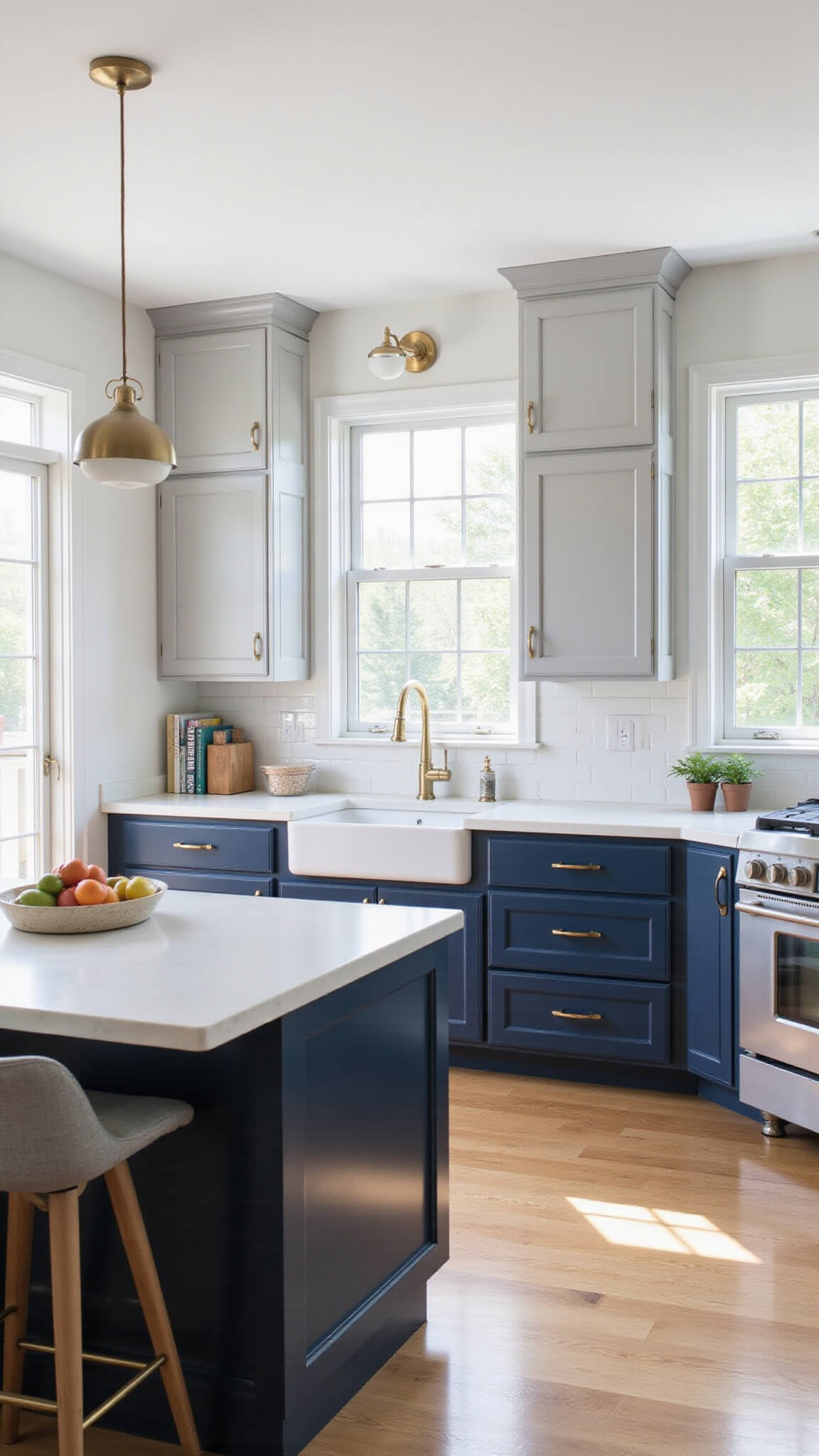 Bright, airy open-concept kitchen with pale gray Shaker cabinets, navy blue island, brass fixtures, and natural sunlight highlighting modern decor.