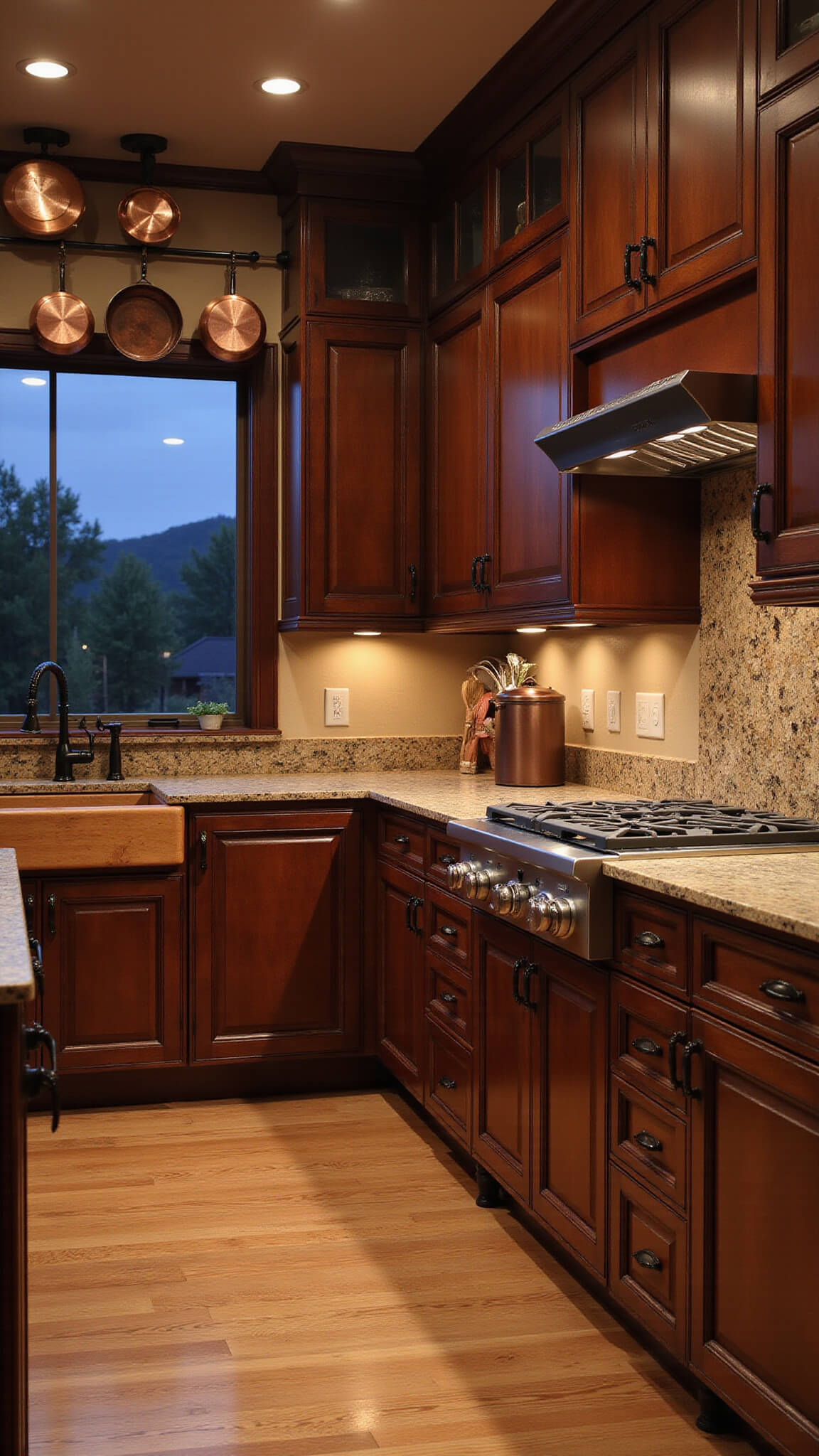 Luxurious chef's kitchen with cherry wood Shaker cabinets, granite and butcher block countertops, copper cookware, and recessed lighting at dusk.