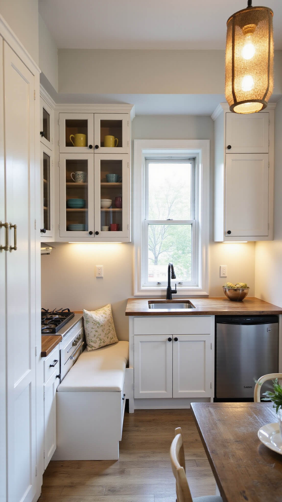 Cozy 8x10 apartment kitchen with white Shaker cabinets, glass-front uppers, open shelves with colorful dishware, breakfast nook, and warm pendant lighting.