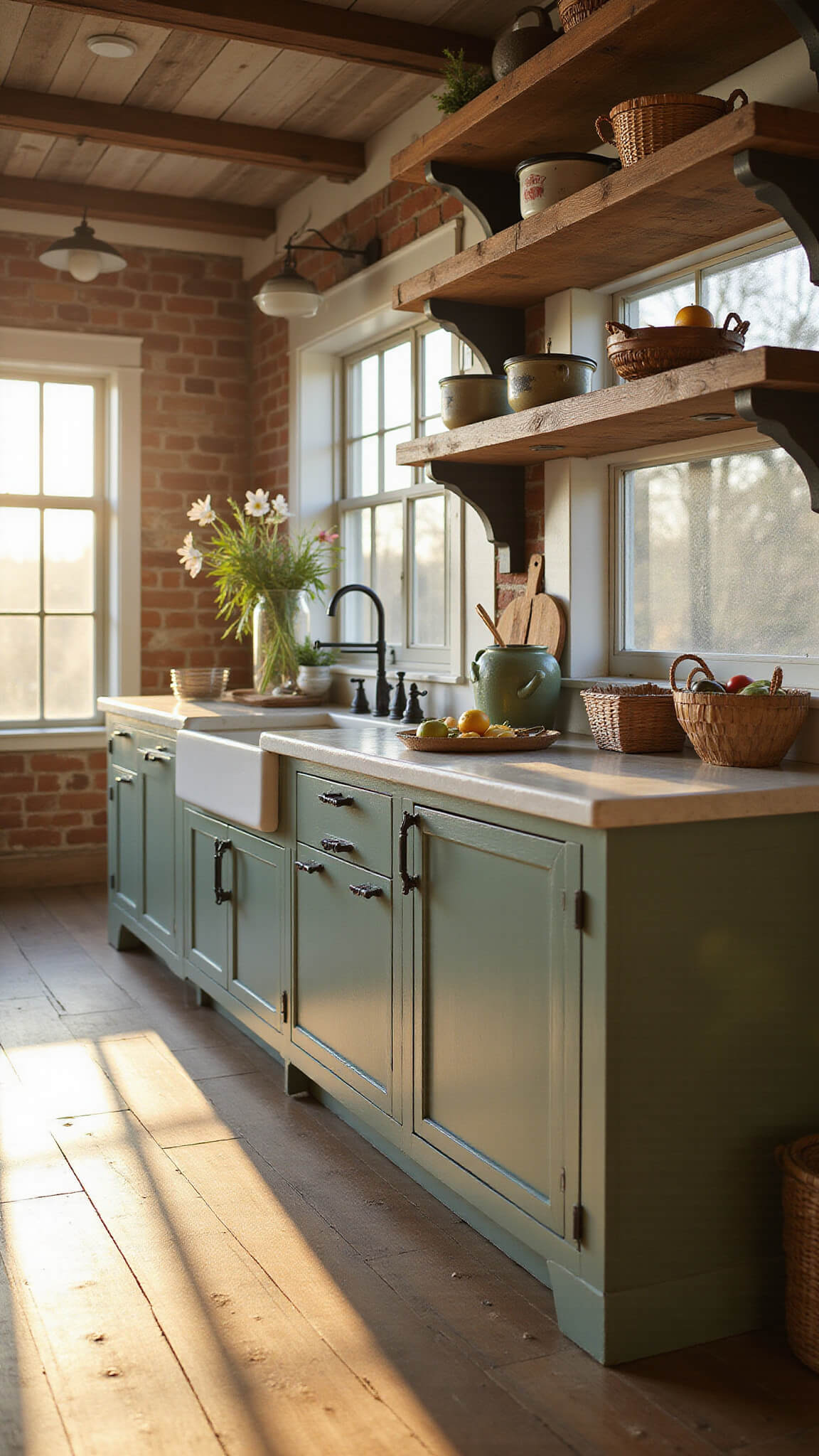 Rustic-modern farmhouse kitchen with sage green Shaker cabinets, vintage accents, and golden hour sunlight streaming through windows.