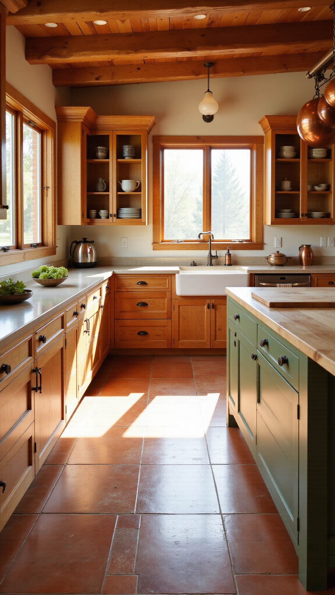 Warm, sunlit 12x15 ft kitchen with knotty alder cabinets, farmhouse sink under bay window, sage green island, terracotta floor, and hanging copper pots.