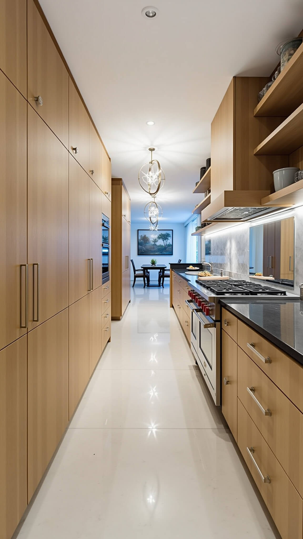 Elegant 8x14 ft galley kitchen with clear alder cabinets, dark quartz countertops, mirrored backsplash, recessed lighting, chandelier, and professional-grade range with custom hood.