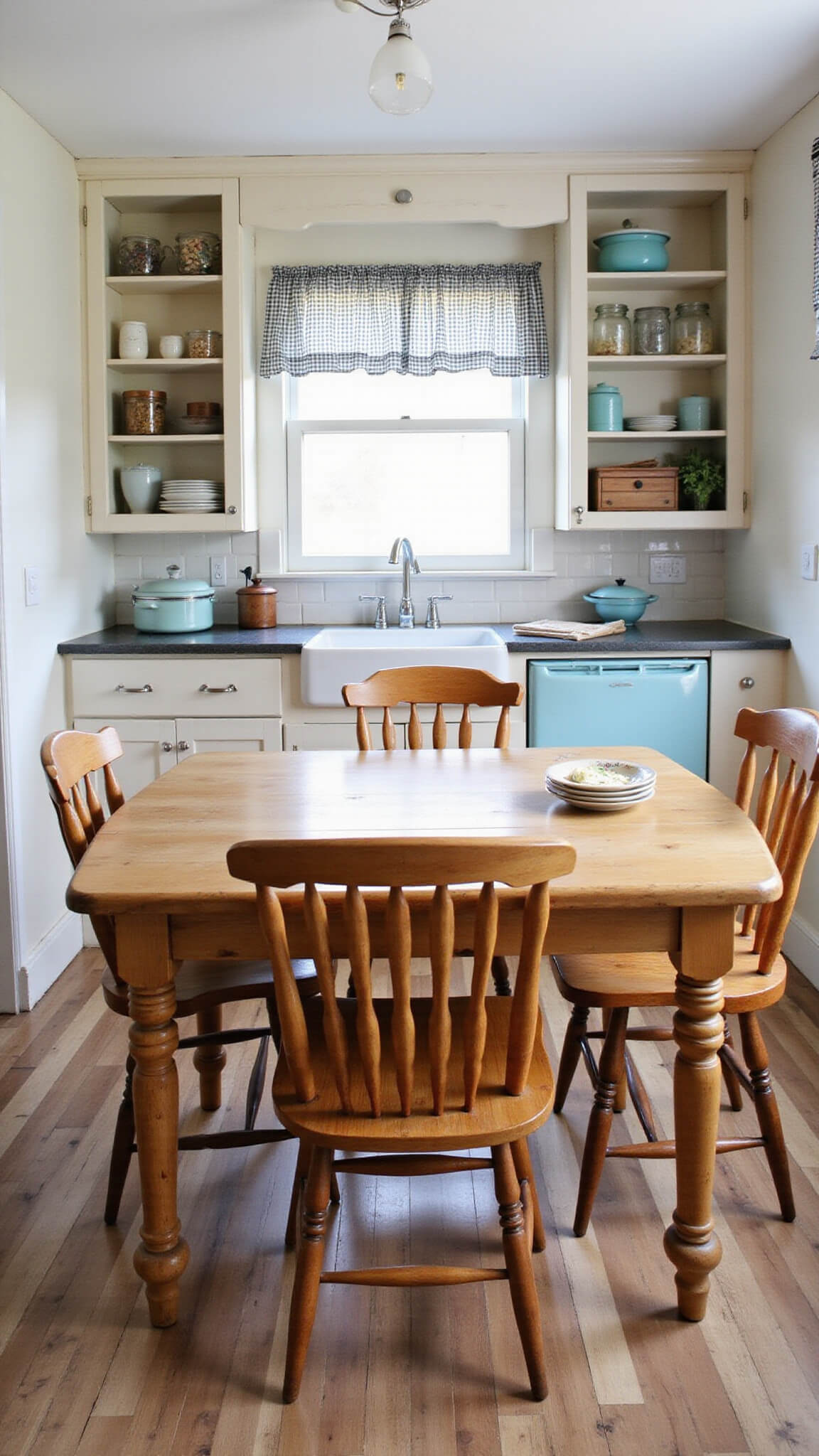 Wide-angle view of a cozy 10x12 ft country kitchen with distressed white knotty alder cabinets, open shelves displaying enamelware, a central farmhouse table with mismatched chairs, gingham curtains, vintage pale blue appliances, and weathered hardwood floors under soft, diffused morning light.