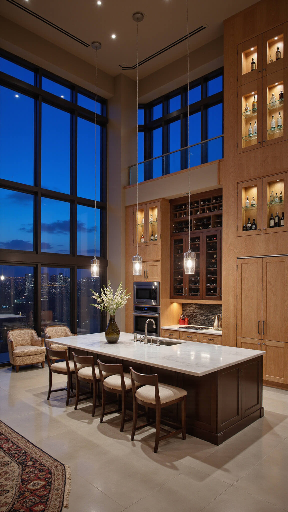 Luxurious open-concept kitchen with espresso alder cabinetry, marble island, city view through floor-to-ceiling windows, and ambient twilight lighting.