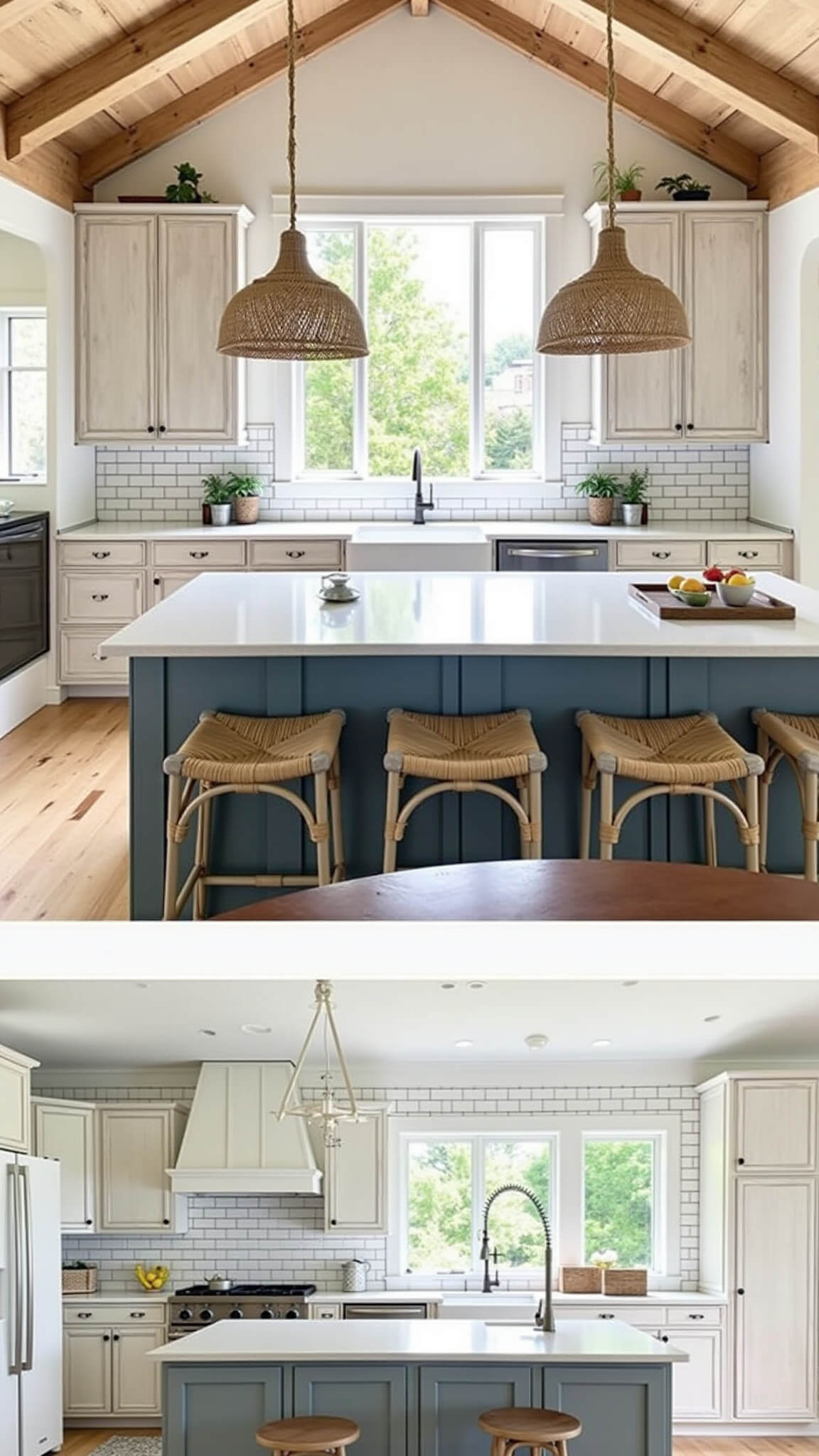 Bright, airy coastal kitchen with alder cabinets, blue-gray island, vaulted ceiling with exposed beams, large window, rattan accents, and abundant natural light.