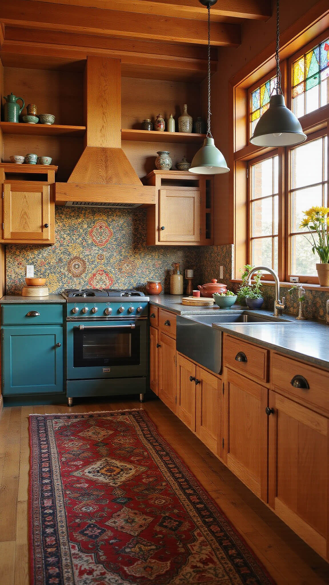 Eclectic 11x13 ft kitchen with teal lower cabinets, knotty alder wood, Moroccan tile backsplash, zinc island, global pottery, vintage rug, and stained glass shadows at golden hour.
