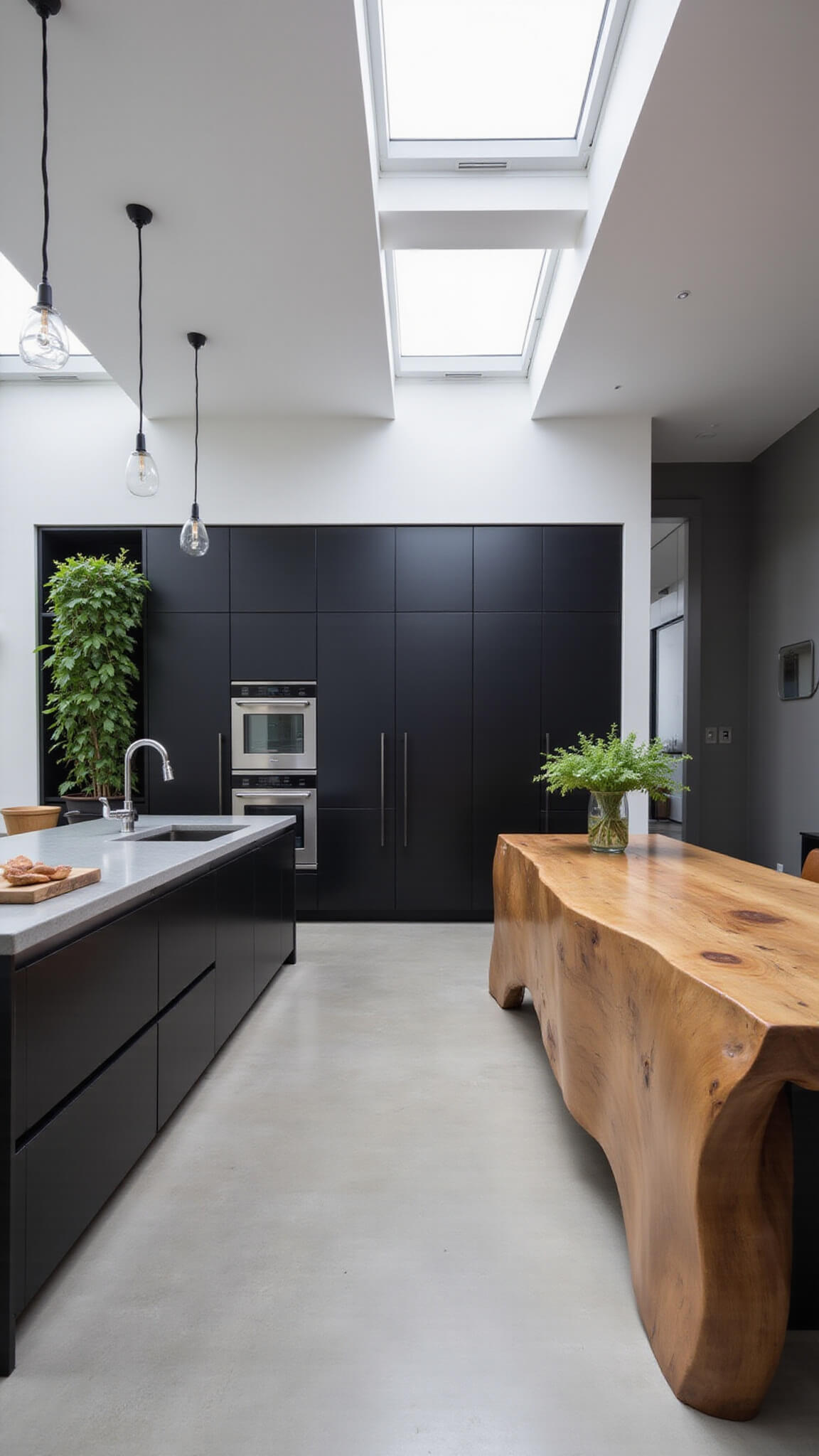 Minimalist 10x16 ft black alder kitchen with handleless cabinets, large wood island, concrete surfaces, skylights, and vertical herb garden.