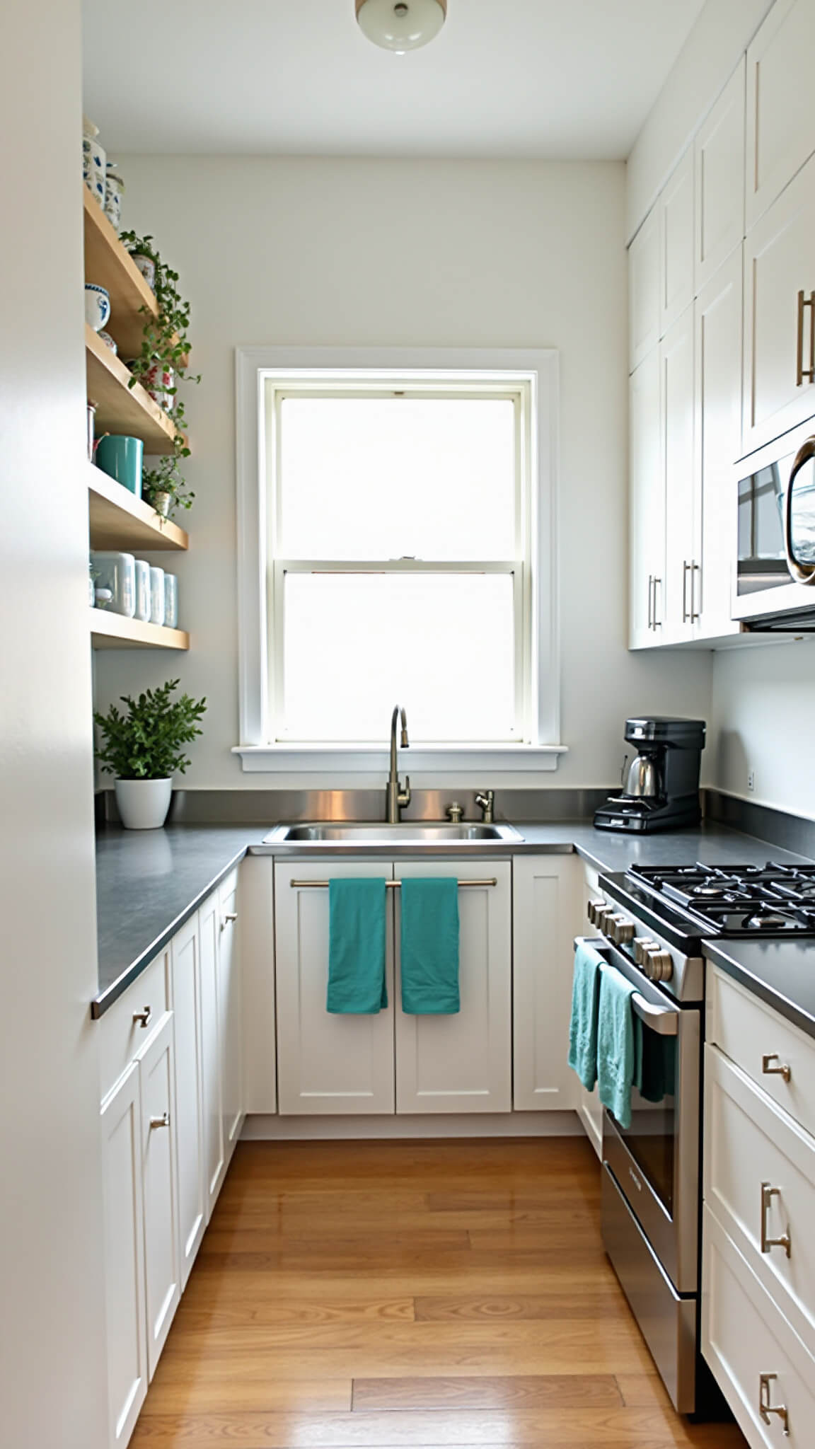 Compact galley kitchen with white cabinets, stainless steel counters, teal accents, and morning light highlighting organized storage features.