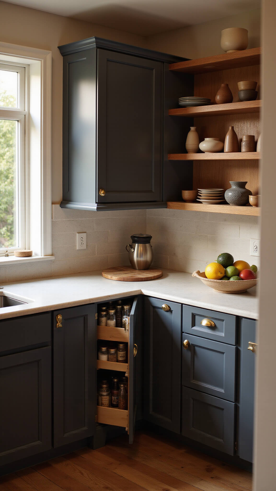 L-shaped kitchen with dark charcoal cabinets, brass hardware, and open wood shelves displaying pottery, lit by golden hour sunlight.