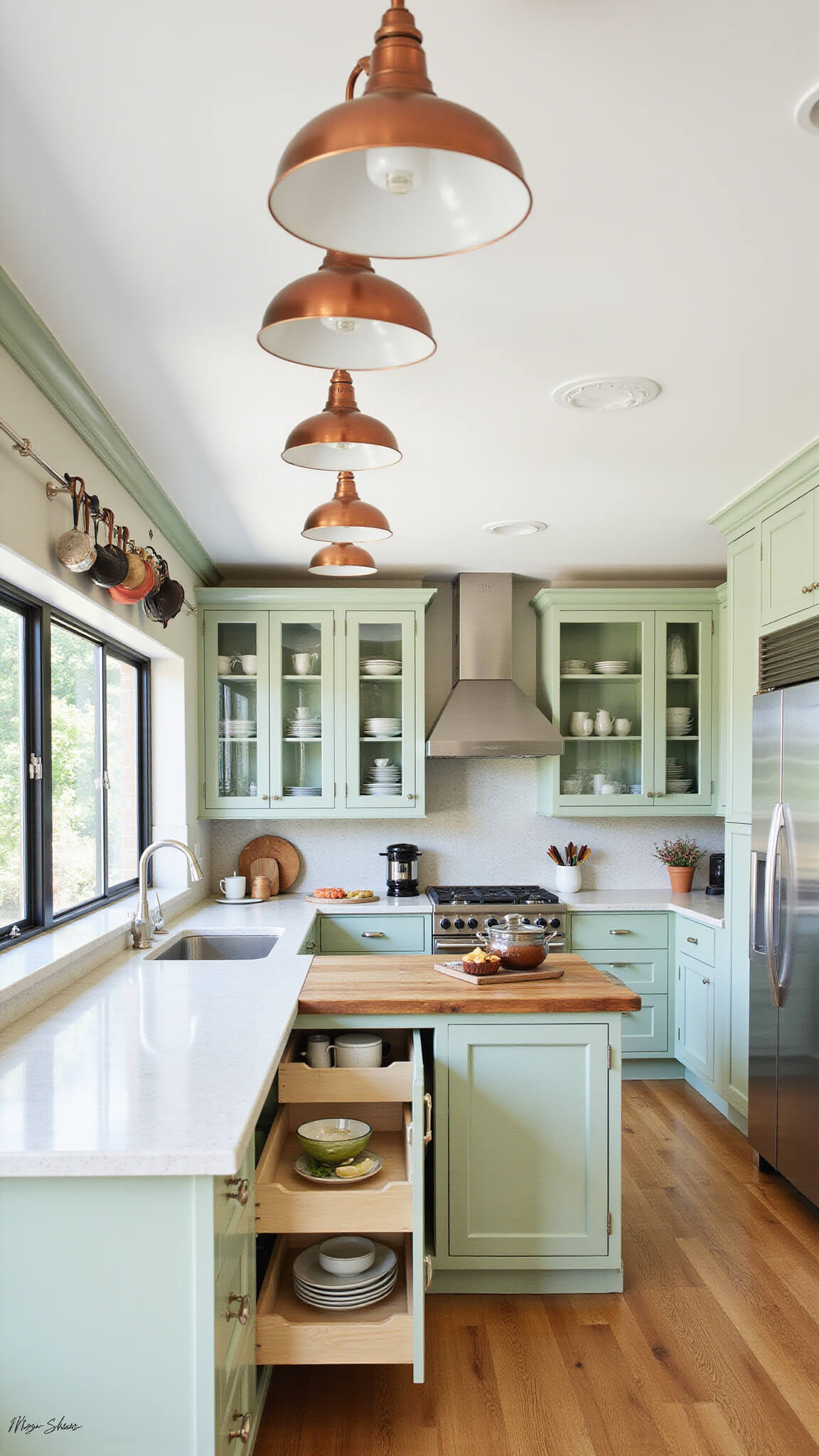 Bird's-eye view of a bright U-shaped kitchen with pale sage green cabinets, a central butcher block island, copper accents, and efficient storage features.
