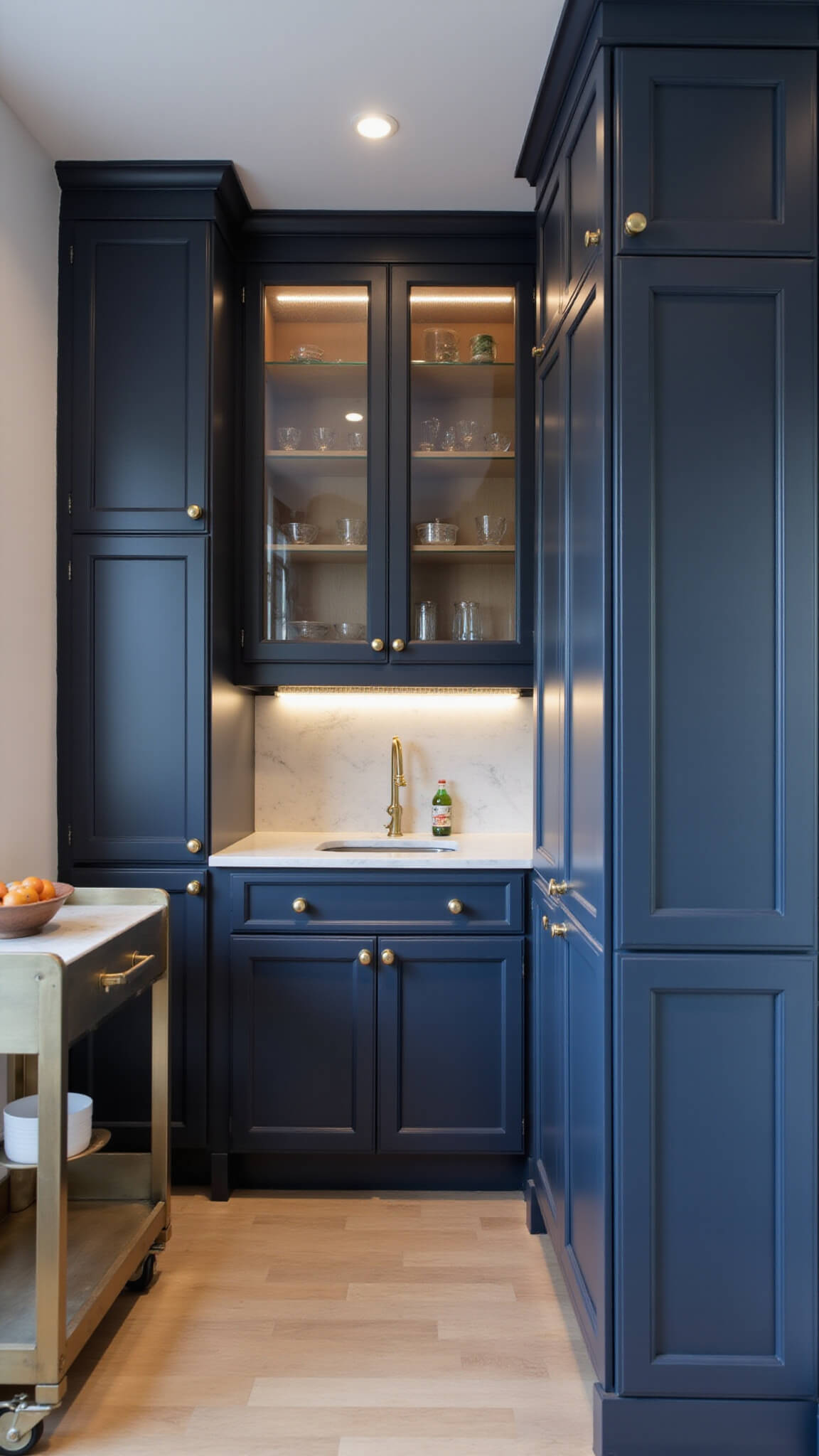 Cozy twilight-lit studio kitchen nook with navy cabinets, brass hardware, white marble counters, and a slim rolling cart for added storage.