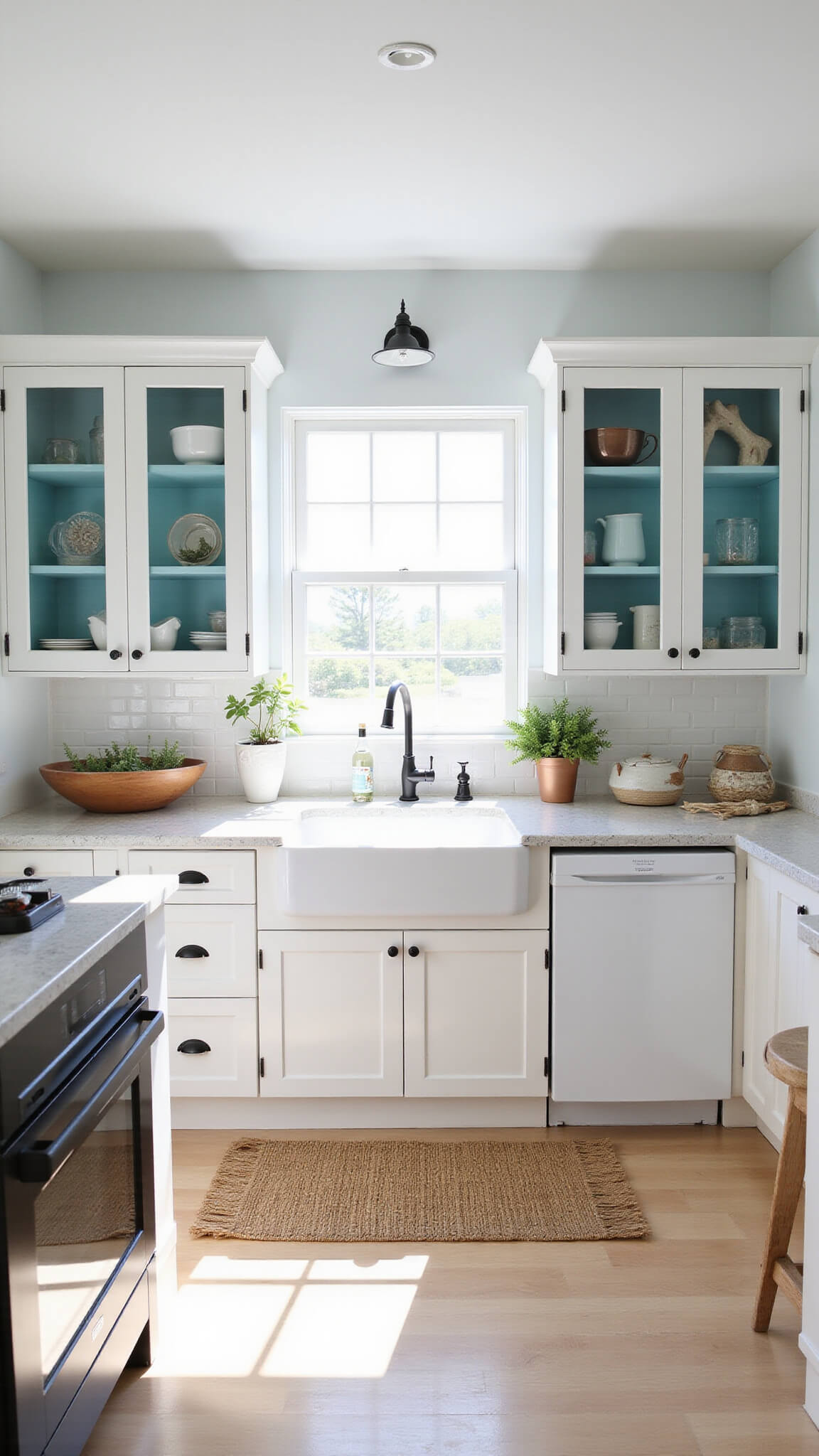 Coastal-style small kitchen with white shaker cabinets, aqua blue interiors, farmhouse sink under a sunny window, open shelves displaying sea glass and driftwood, and a jute rug on light wood floors.