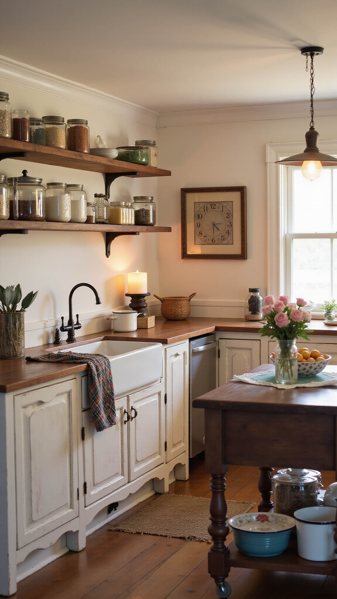 Cozy farmhouse kitchen with cream distressed cabinets, vintage enamelware, and candlelit warmth.