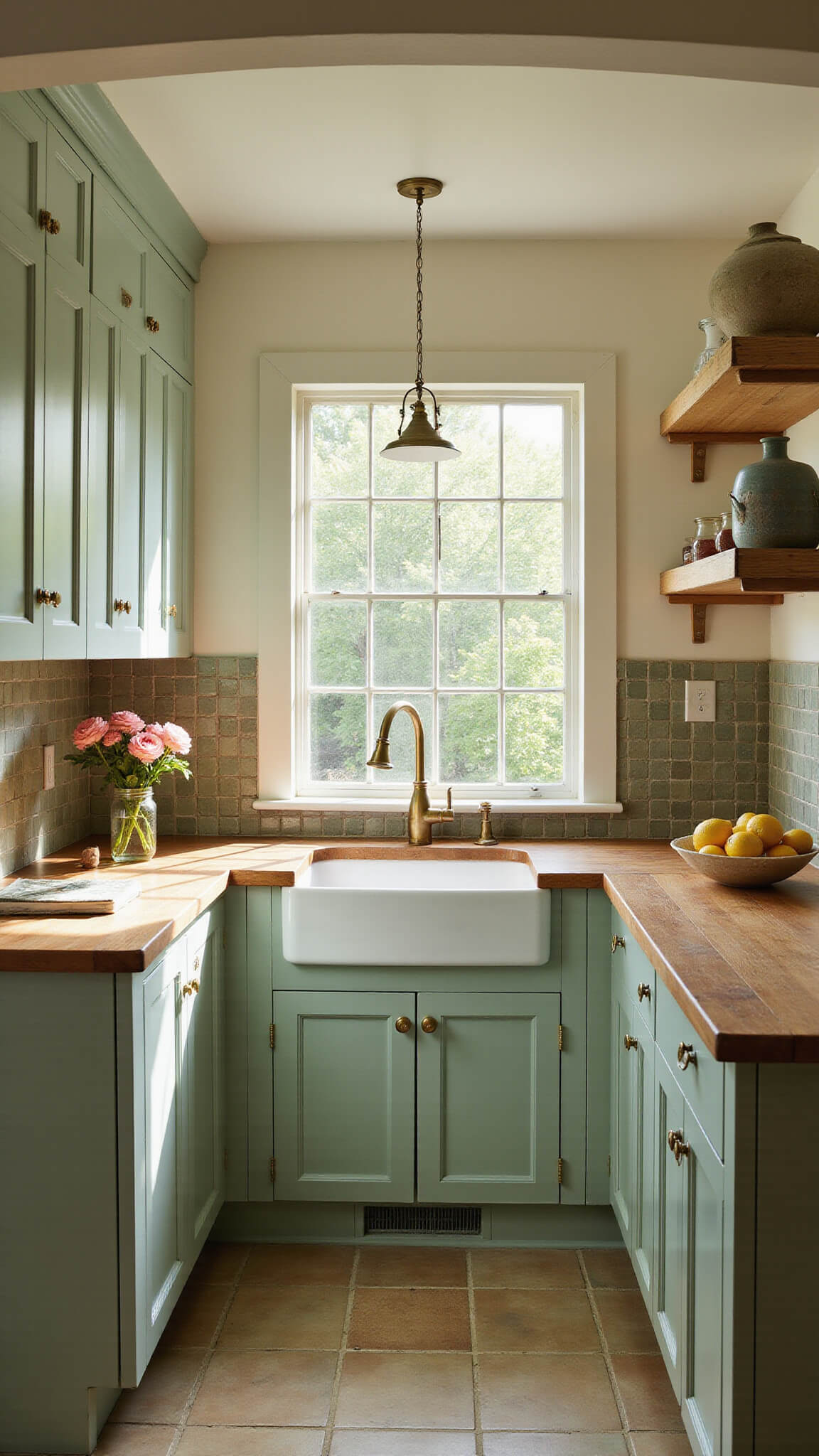 Warmly lit galley kitchen with sage green cabinets, farmhouse sink, butcher block countertops, and vintage decor elements.