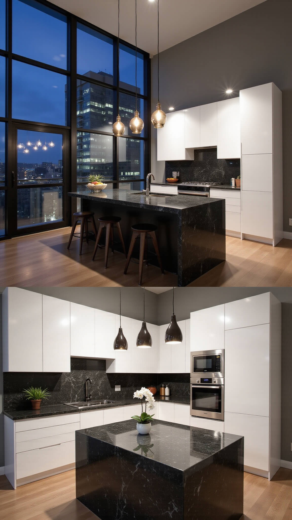 Modern open-concept kitchen with white handle-less cabinets, dark quartz island, pendant lighting, stainless steel appliances, and city skyline views through floor-to-ceiling windows.