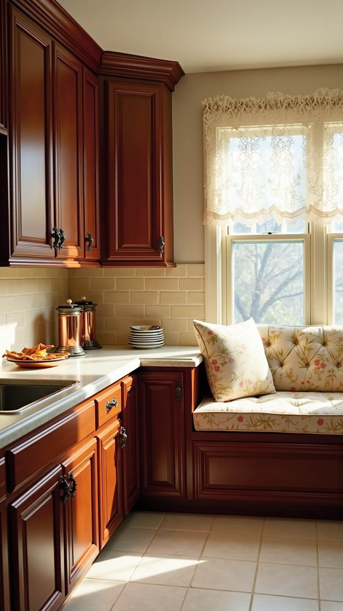 Low-angle view of a traditional 11x13ft kitchen with cherry wood cabinets, cream granite counters, floral breakfast nook, lace curtains, and fresh pies on the counter.