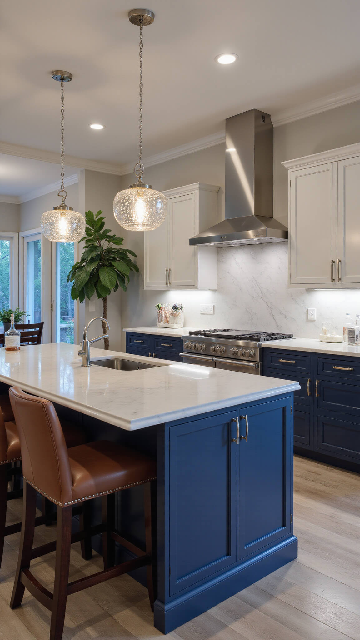 Wide-angle view of a 16x18ft transitional kitchen at dusk with navy blue and white inset cabinets, marble backsplash, waterfall island, pendant lighting, and French doors opening to a patio.