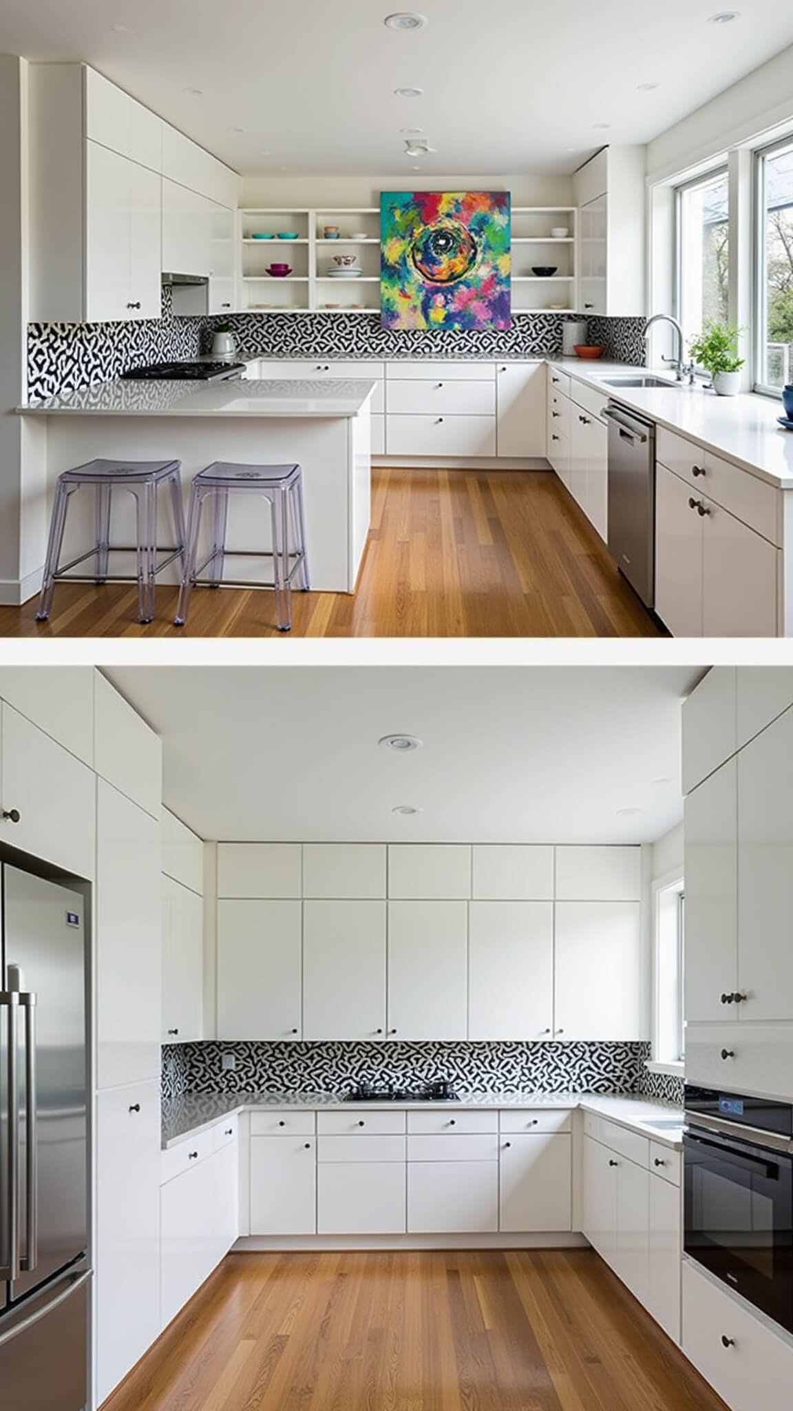 Contemporary 9x11ft kitchen with glossy white cabinets, geometric black and white backsplash, floating shelves with colorful dishware, petite island with lucite stools, stainless steel appliances, and vibrant abstract art in late afternoon sunlight.