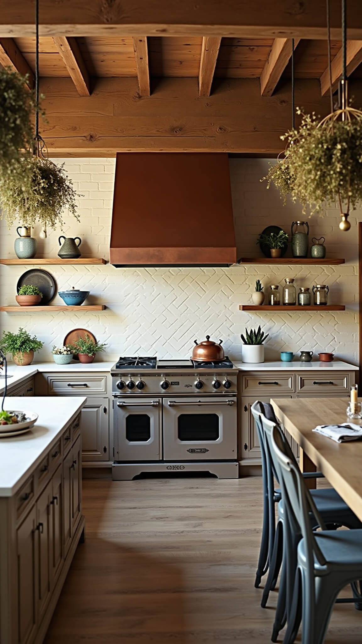Rustic-luxe kitchen with weathered wood cabinets, soapstone countertops, copper range hood, and golden hour lighting.