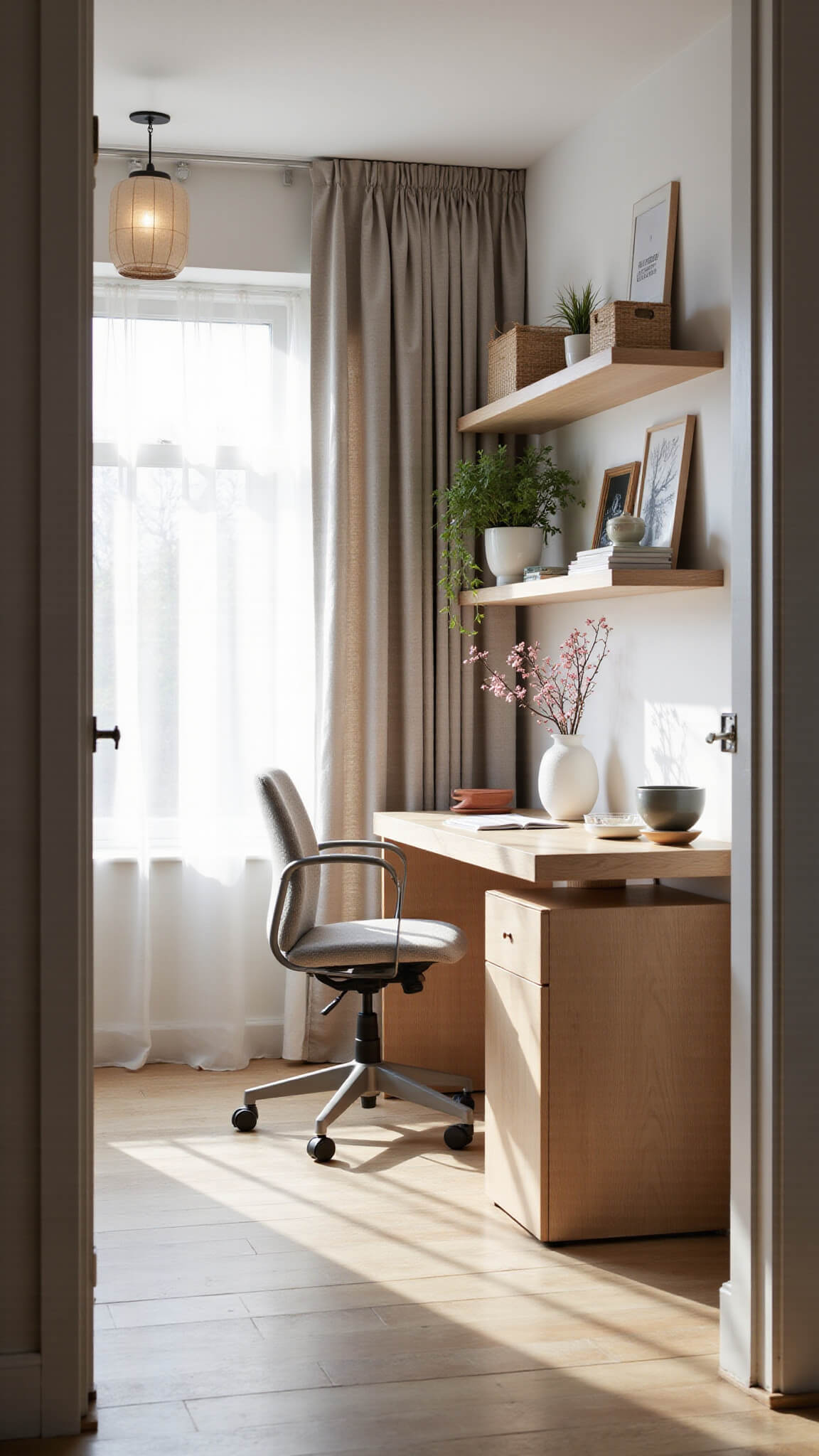 Wide-angle view of a minimalist home office with natural light, featuring a wooden desk, gray ergonomic chair, ash wood floating shelves, and soft-toned decor with cherry blossoms in a vase.