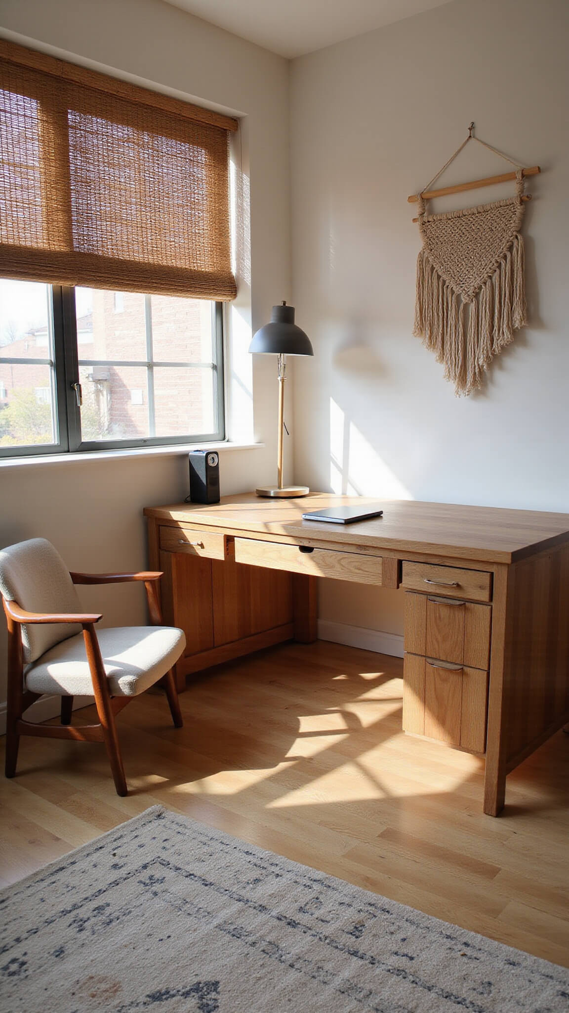 Cozy 10x12 ft workspace with reclaimed oak desk, geometric rug, linen lounge chair, bamboo blinds casting shadows, macramé wall hanging, and warm afternoon sunlight.