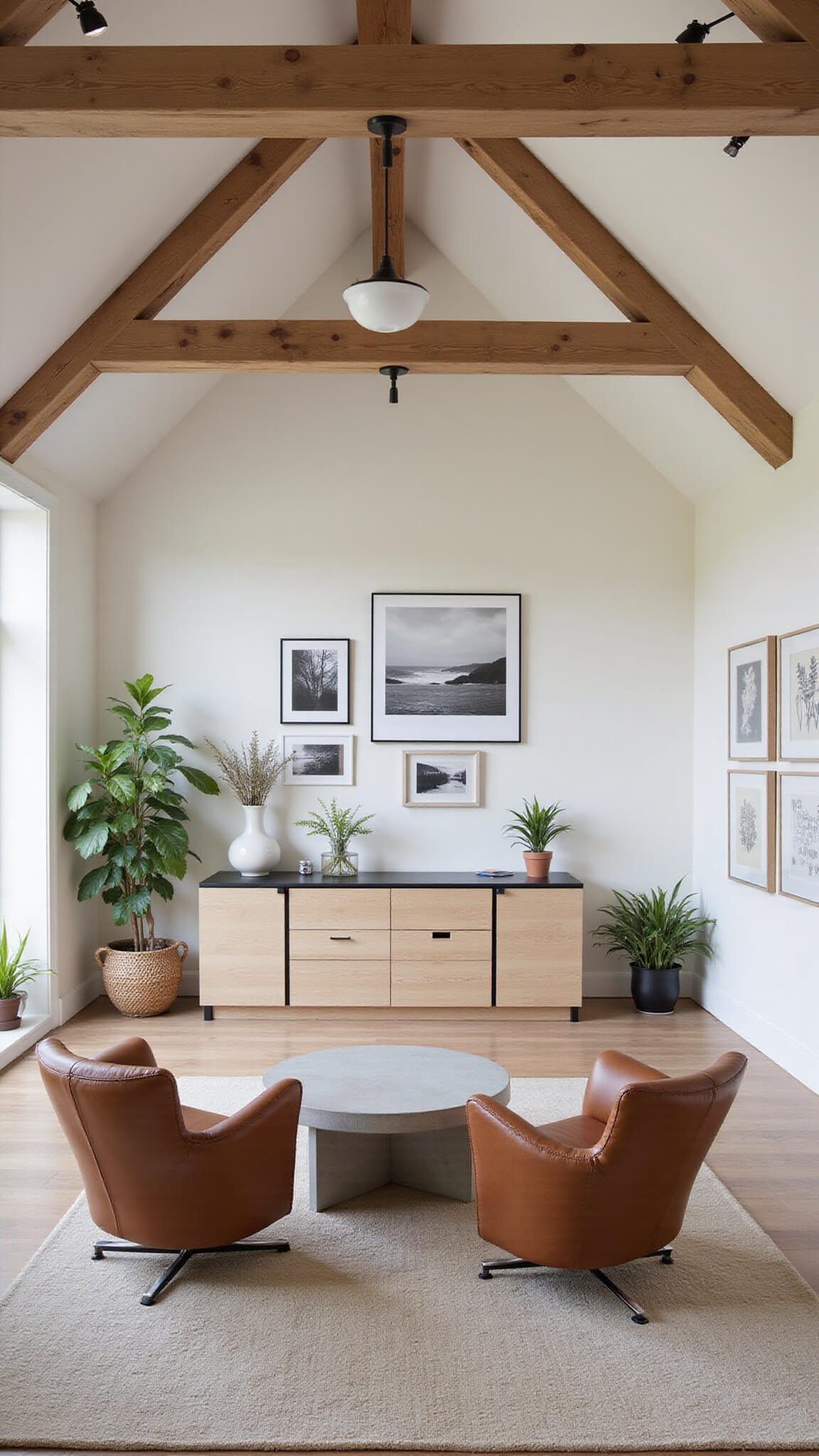 Low-angle view of a spacious home office with vaulted ceilings, exposed wooden beams, a built-in bleached pine desk, cognac leather armchairs around a concrete coffee table, black and white nature photos on the wall, and lush potted plants in the corners, all softly lit by natural and track lighting.