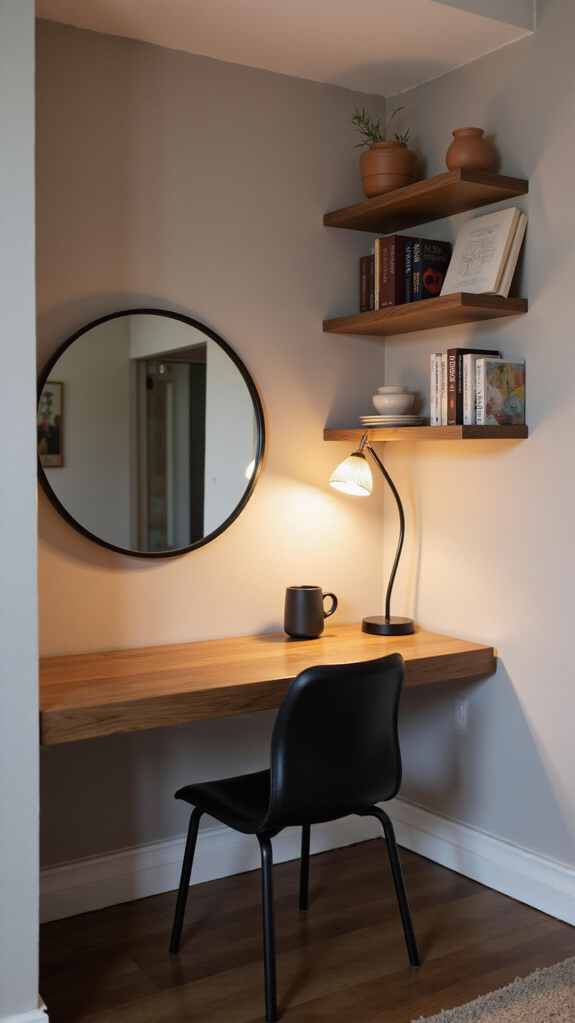Close-up of a Japandi-style office nook featuring a floating walnut desk, black task chair, open shelves with earth-toned decor, and a round mirror reflecting the softly lit space.