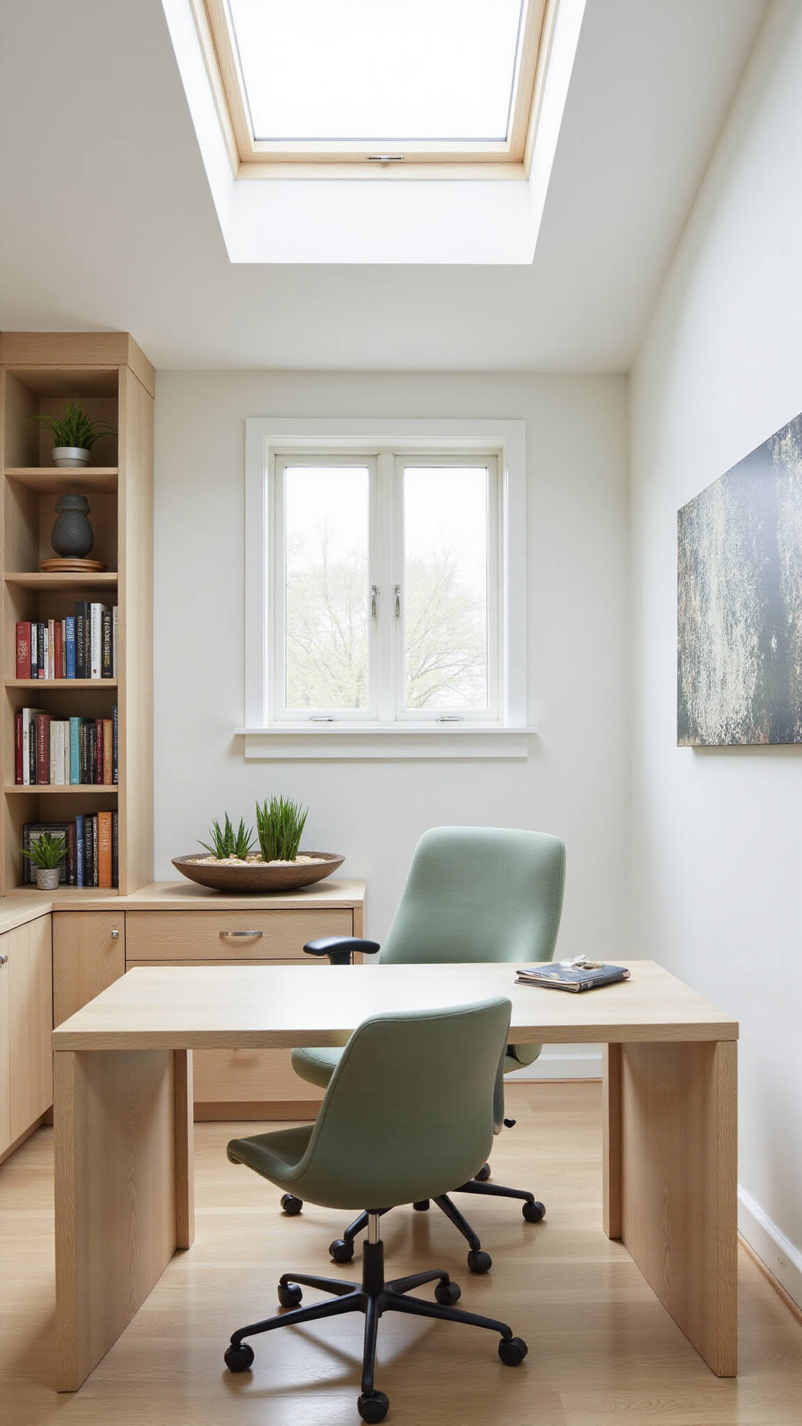 Overhead view of a tranquil 12x14 ft home office with pale ash L-shaped desk, sage green velvet chair, built-in shelves, and a Zen sand garden under soft skylight illumination.