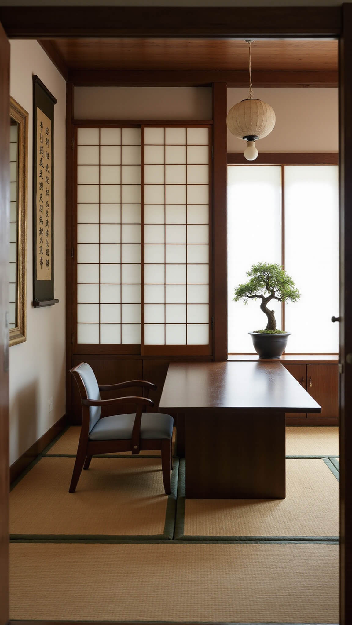 Modern Japanese-inspired home office with tatami mats, low wood desk, floor chair, shoji screens, calligraphy scroll, bonsai tree on pedestal, softly lit by diffused light and a contemporary paper lantern.