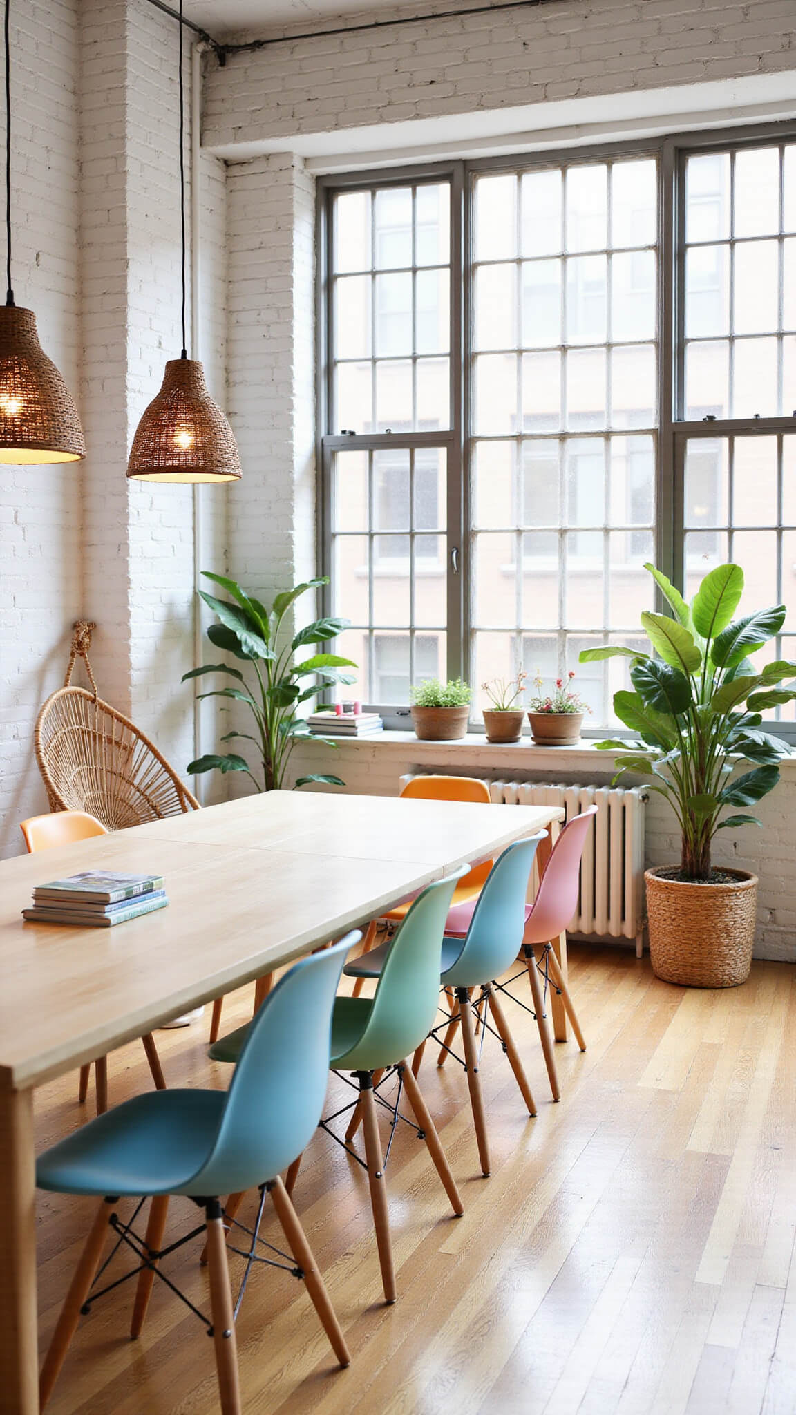 Wide-angle view of a bright loft office with warm white brick walls, a bleached oak communal desk, pastel Eames-style chairs, bamboo pendant lights, a rattan hanging chair in a reading nook, and fiddle leaf fig plants.
