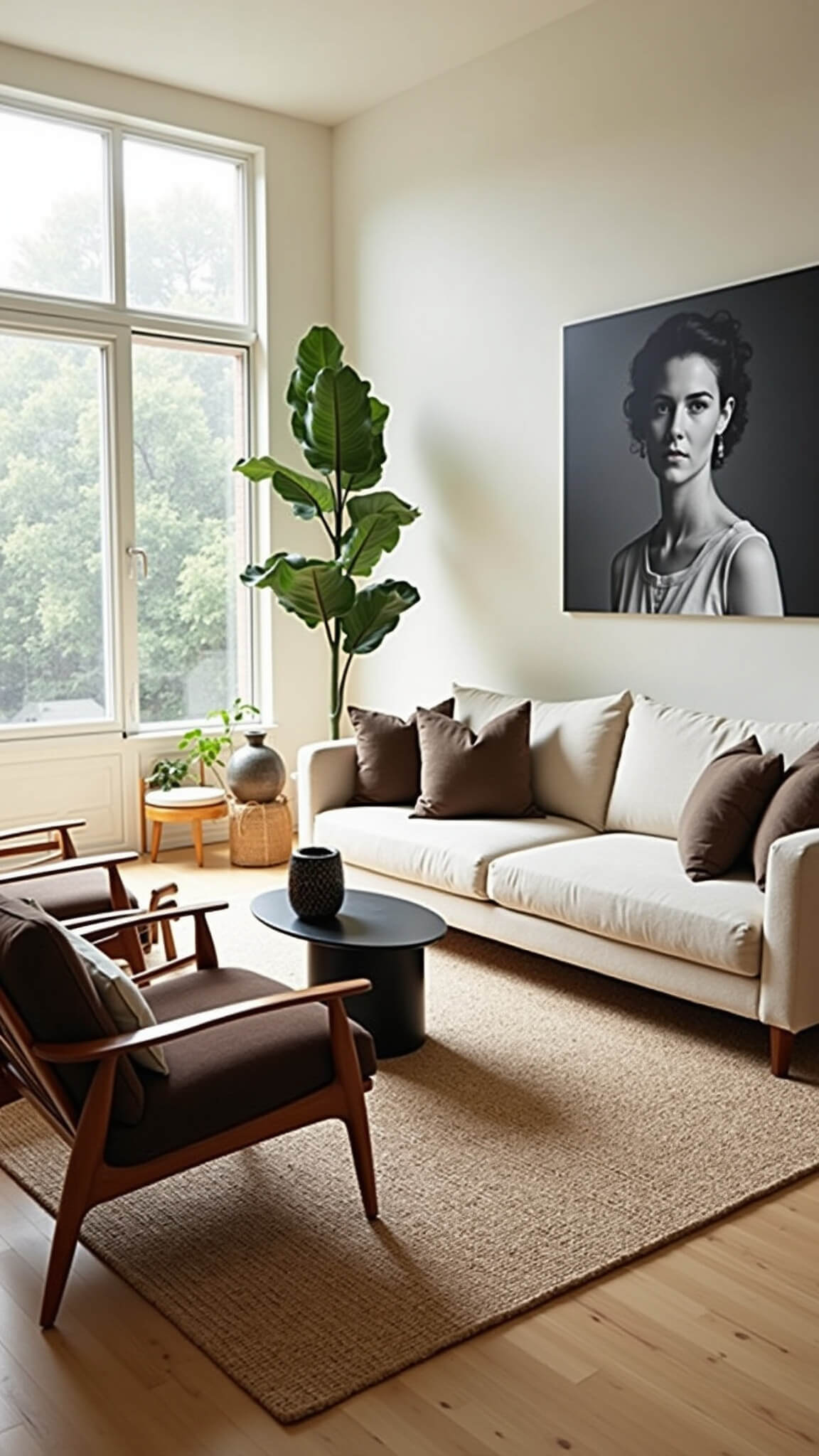 Spacious living room with beige sofa, wooden armchairs, jute rug, and floor-to-ceiling windows letting in soft morning light.