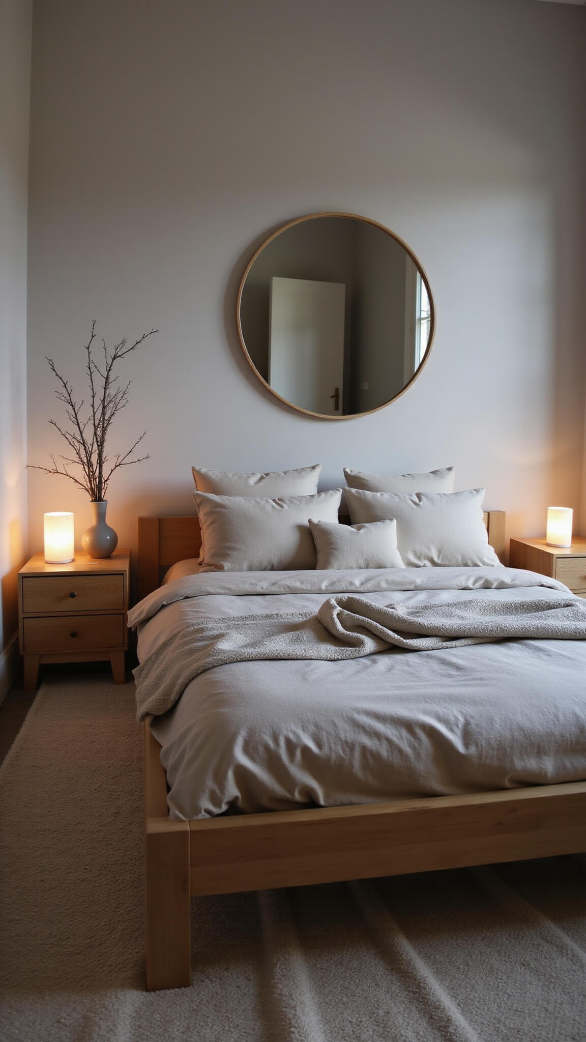 Cozy minimalist bedroom with warm lighting, low platform bed in neutral linens, paper lantern floor lamps, wooden nightstands with ceramic vases, and a wool rug on pale gray walls.