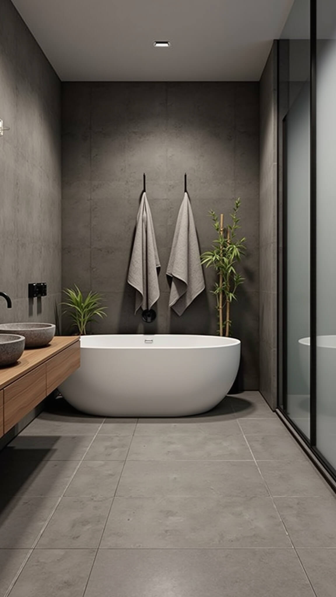 Modern tranquil bathroom at twilight with freestanding oval tub, textured concrete wall, floating wooden vanity, matte black fixtures, frosted glass shower, and soft ambient lighting.