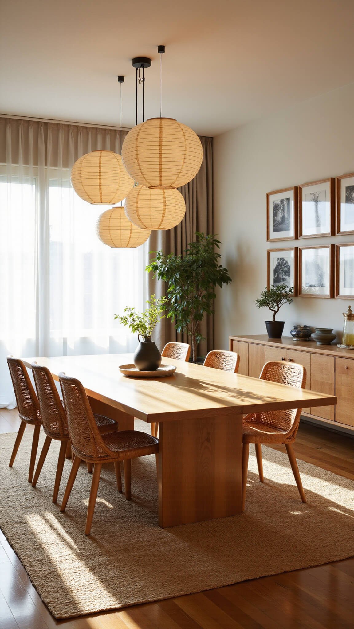 Minimalist dining room with wooden table, rattan chairs, paper lanterns, and warm golden hour lighting filtering through sheer curtains.