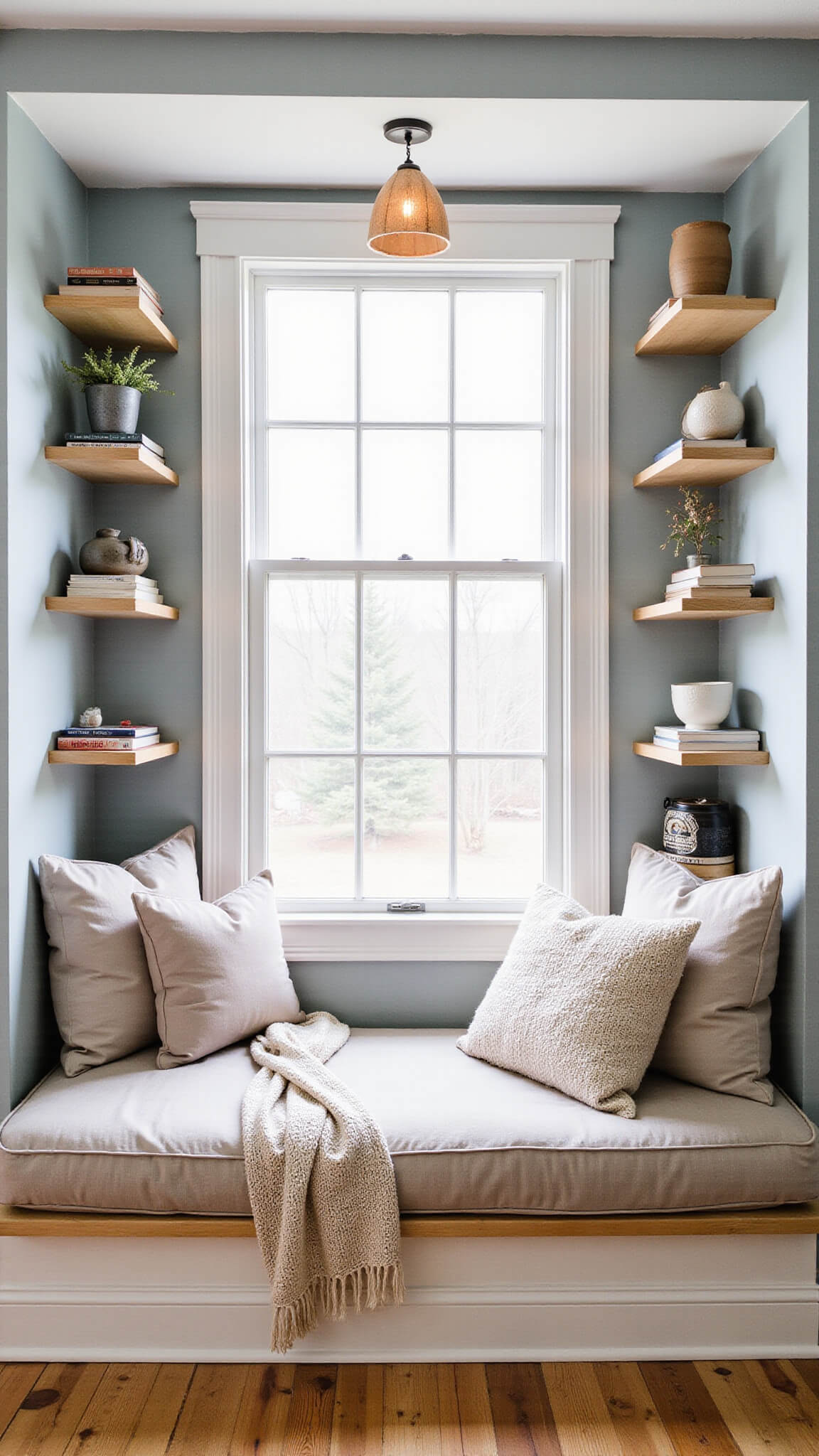 Cozy 12x14ft reading nook with bay window seat, soft cushions, built-in bookshelves, pottery, paper pendant light, pale blue walls, and textured throw blanket.