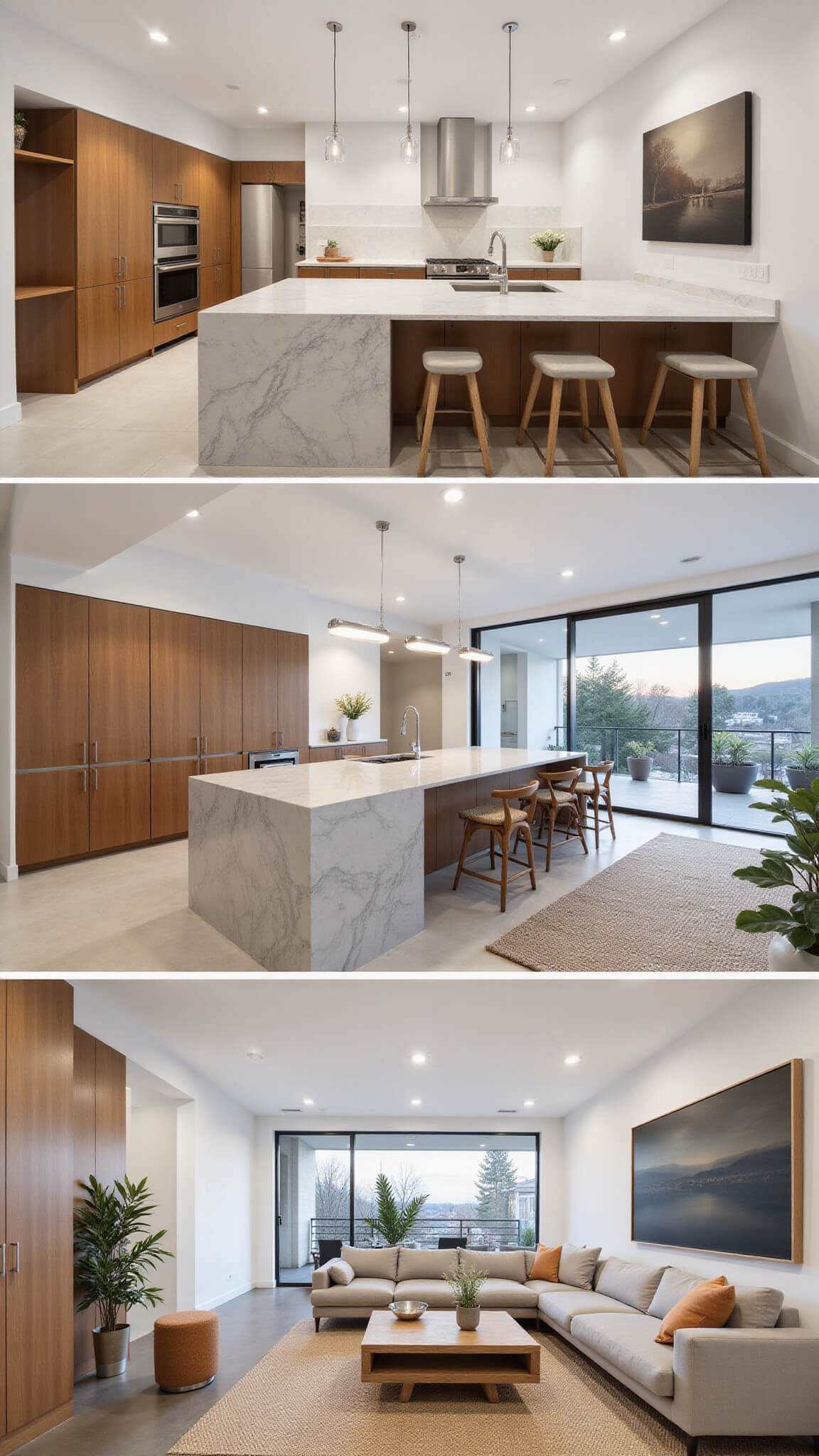 Open-concept 18x20ft kitchen and living area at dusk with wooden cabinetry, marble island, gray sectional, jute rug, and balcony access through sliding glass door.