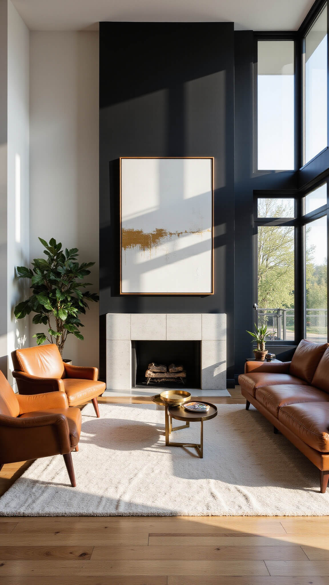 Spacious mid-century modern living room with black accent wall, limestone fireplace, cognac leather furniture, ivory rug, and warm late afternoon sunlight.
