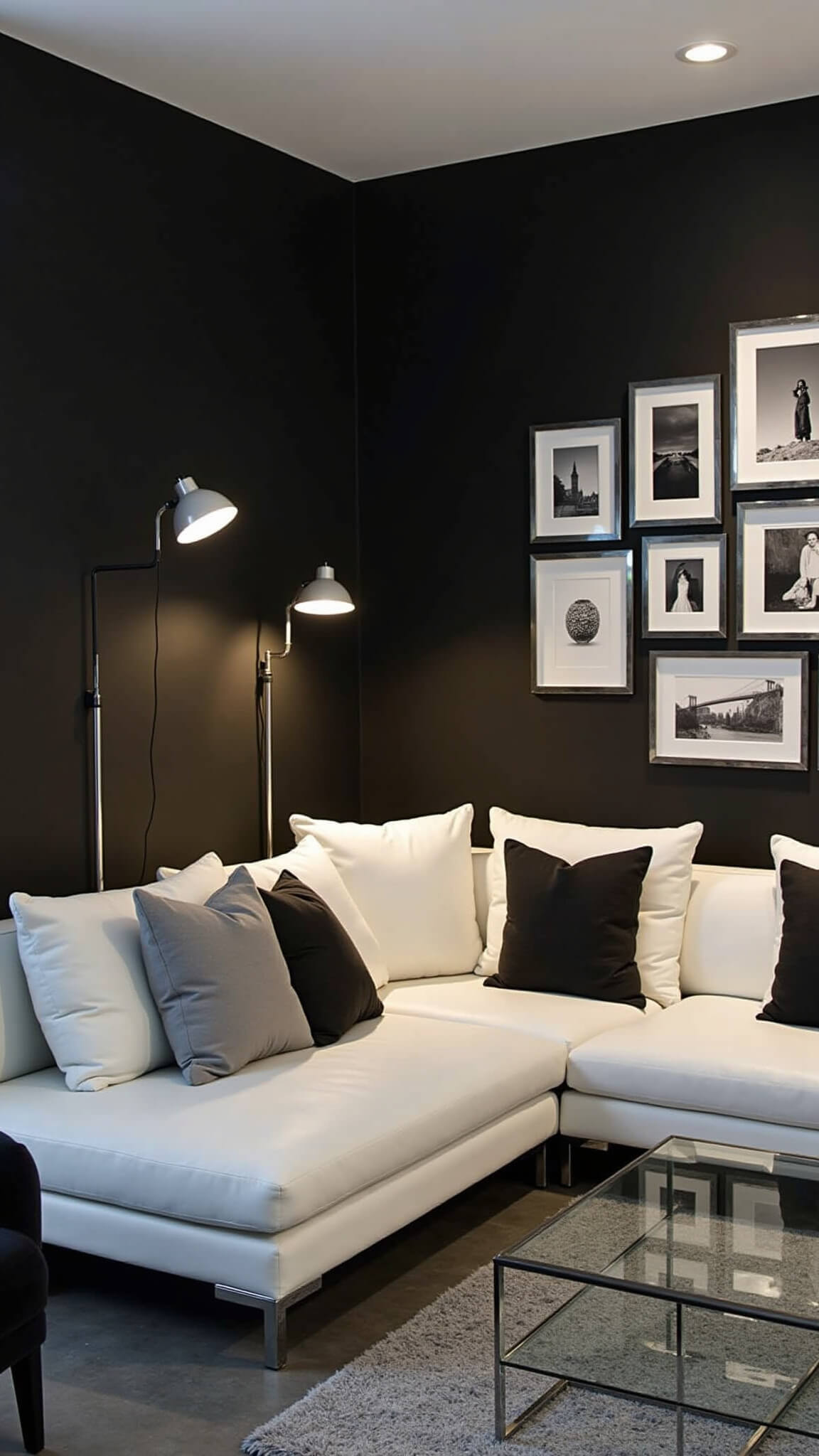 Modern 12x14ft living room with black accent wall, white leather sectional, silver-accented décor, and moody warm lighting.