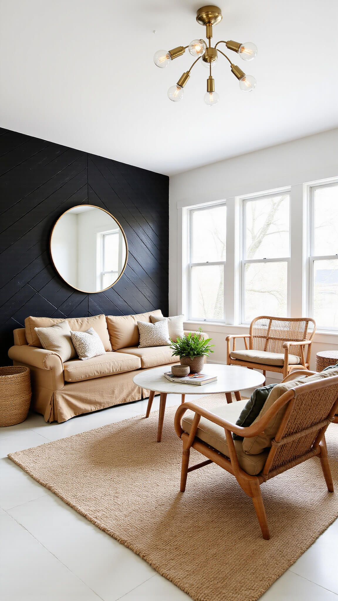 Bright, airy living room with vaulted ceilings, black diamond wood accent wall, beige linen sofa, rattan chairs, brass-framed round mirror, jute rug, and natural decor in warm neutral tones.