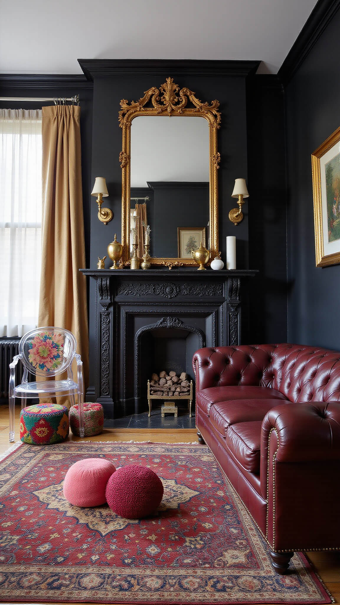 Eclectic 16x18ft living room with crown molding, black Victorian fireplace, oxblood Chesterfield sofa, lucite chairs, Persian rug, Moroccan poufs, brass accents, and soft morning light filtering through sheer curtains.