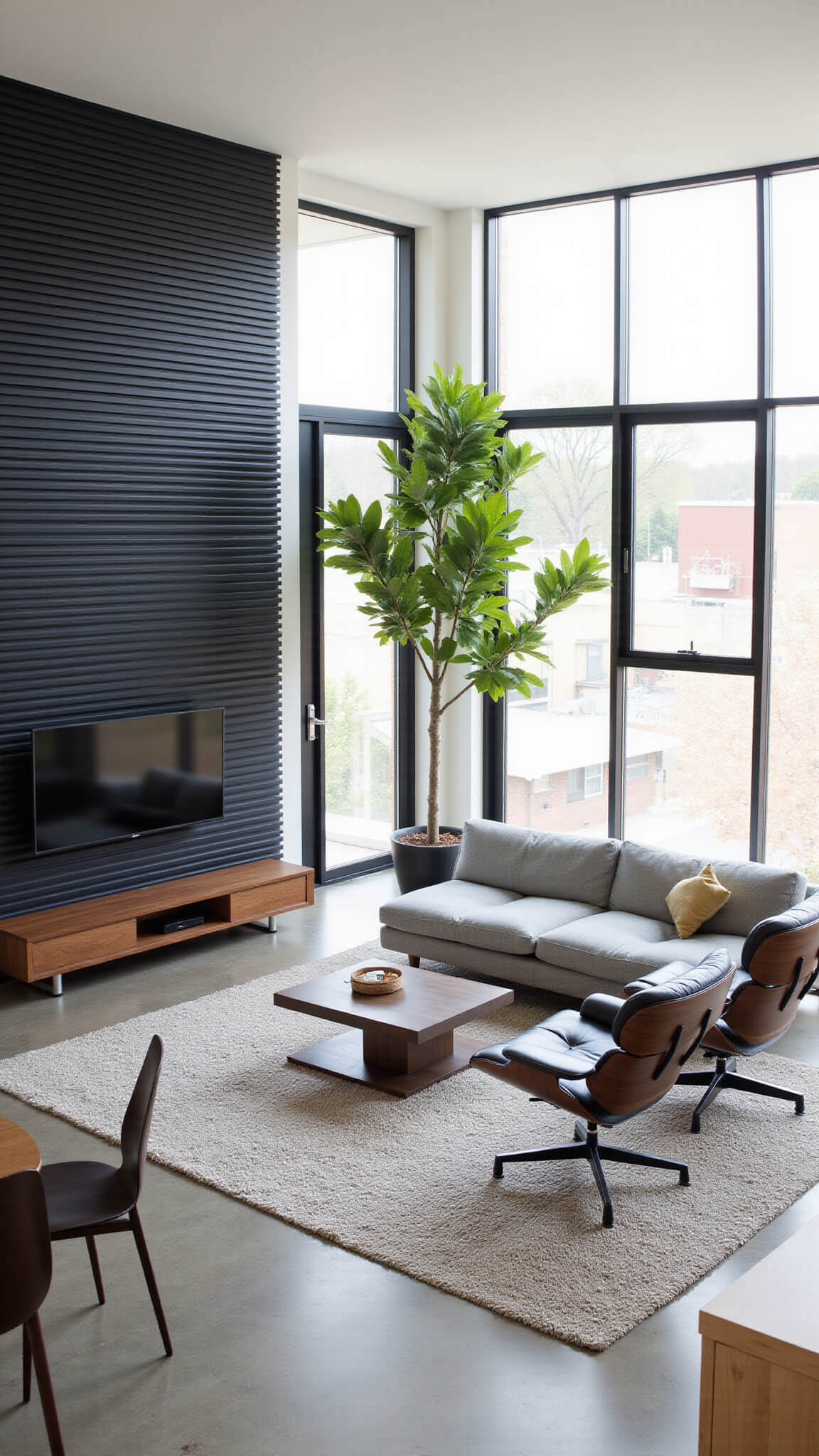 Bird's-eye view of a modern open-concept living area with floor-to-ceiling windows, light gray sectional, black accent wall, Eames lounge chairs, fiddle leaf fig tree, and concrete floors.