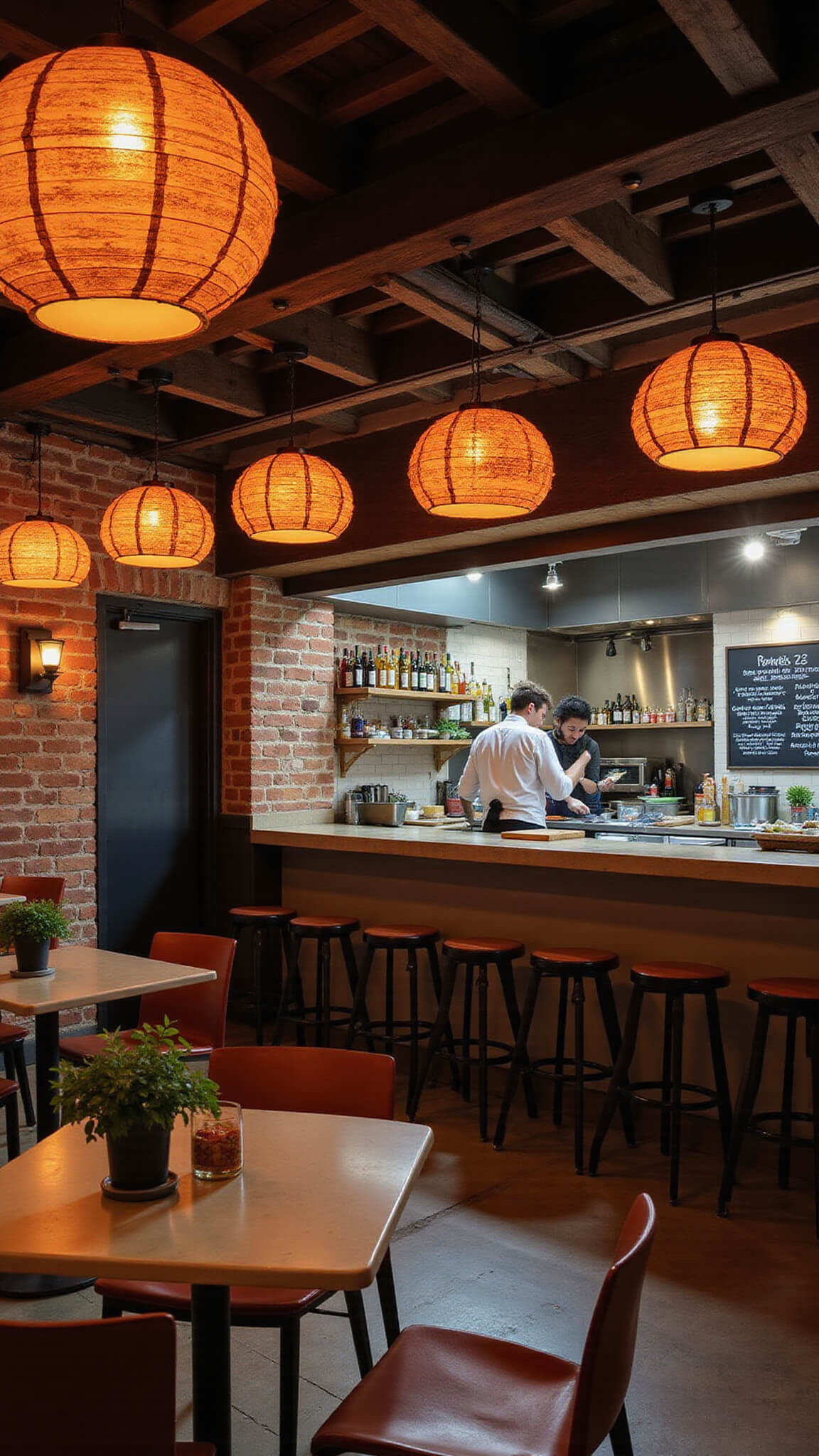 Cozy neighborhood restaurant with exposed brick walls, open kitchen, and intimate tables with ikebana; sushi chefs behind polished concrete bar under soft lantern light.