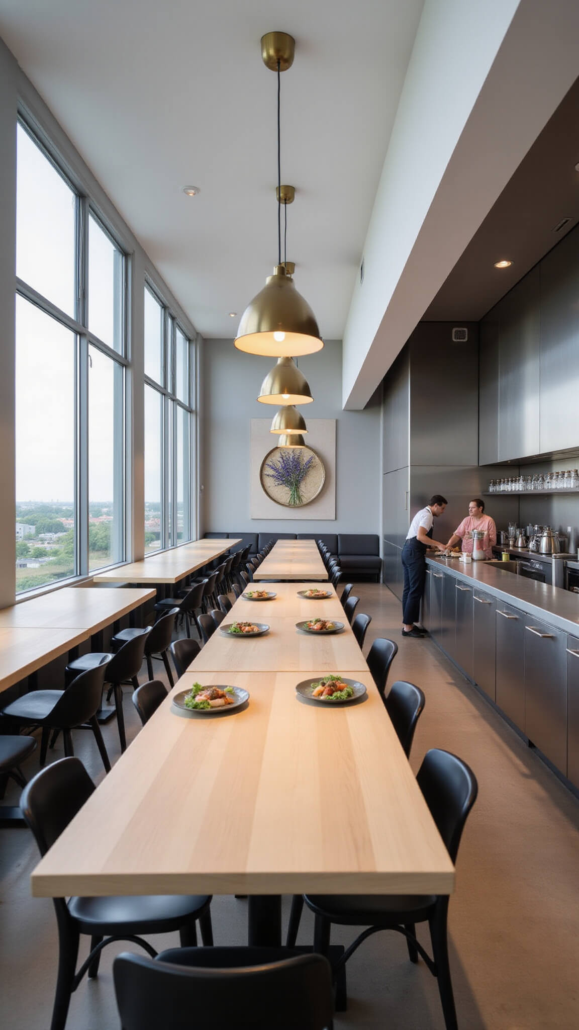 Minimalist Miami dining room with long blonde wood tables, black chairs, brass pendant lights, and floor-to-ceiling windows, featuring an open stainless-steel kitchen and ikebana centerpiece.