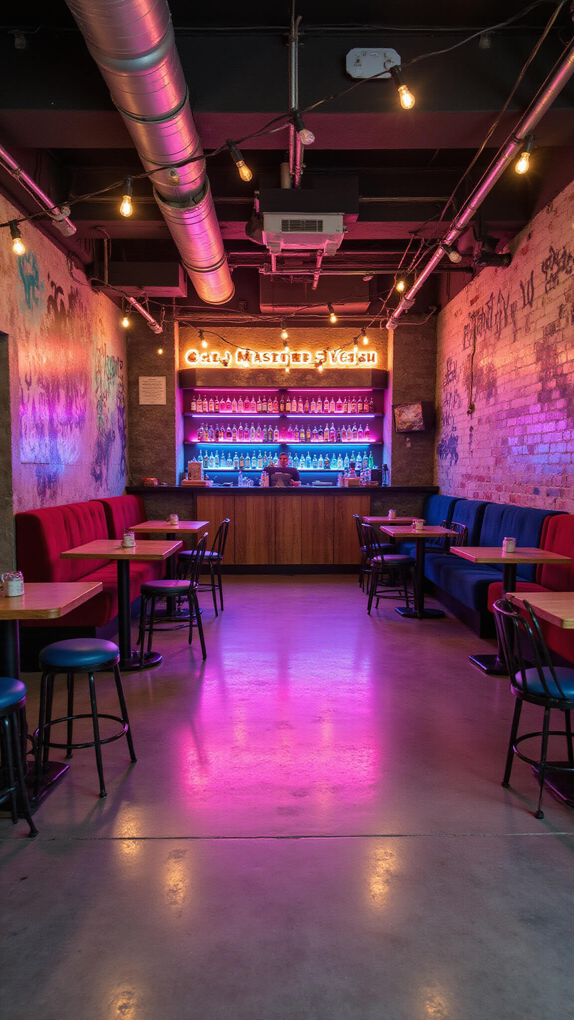 Low-angle view of a lively fusion restaurant in Petersburg, VA, with industrial-chic decor, neon lighting, reclaimed wood bar, graffiti murals, and a vibrant evening crowd.
