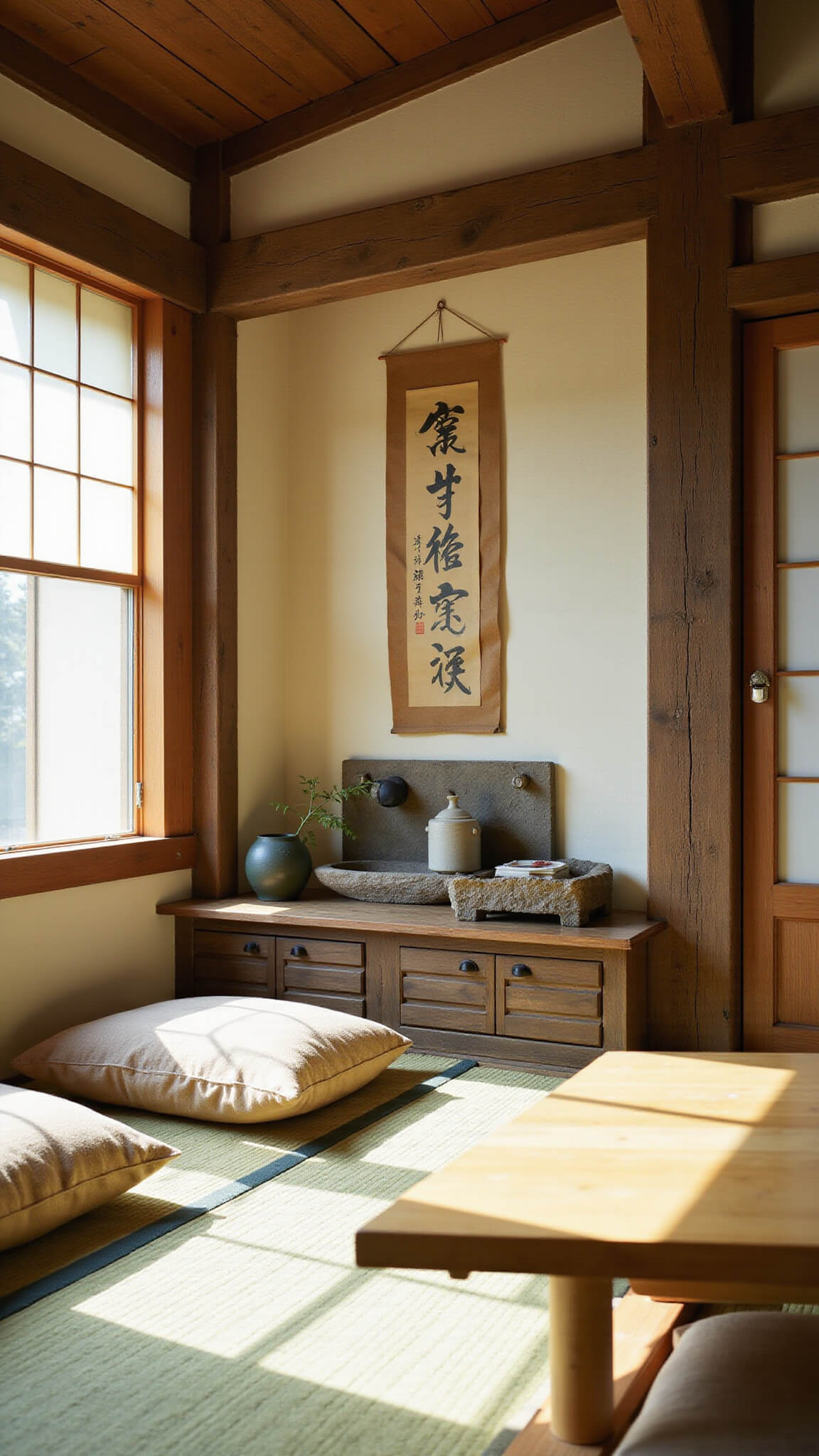 Close-up of traditional tea preparation in a serene Japanese-style tea room with rustic ceramics, soft lighting, and blurred background of shoji screens and low tables.