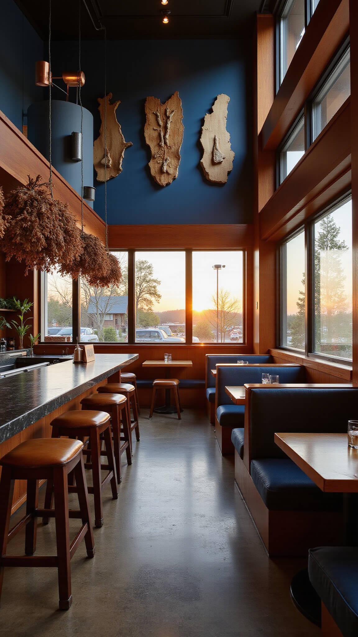Wide-angle view of a modern izakaya-style dining space at sunset, featuring an L-shaped black stone bar with leather stools, indigo fabric booth seating, semi-private wooden screen enclosures, a robata grill station, and walls decorated with washi paper and driftwood art.
