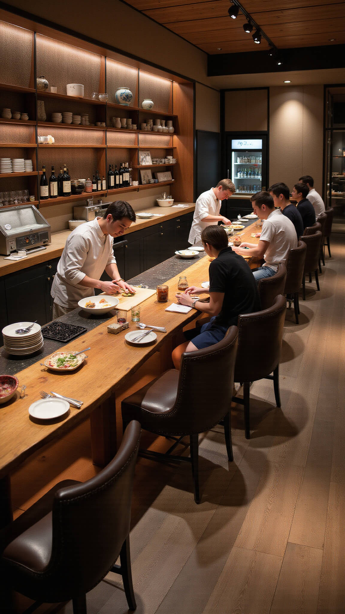 Overhead view of an omakase counter with a chef preparing nigiri under spotlight, diners blurred in the background, and a curved hinoki wood counter surrounded by leather chairs.